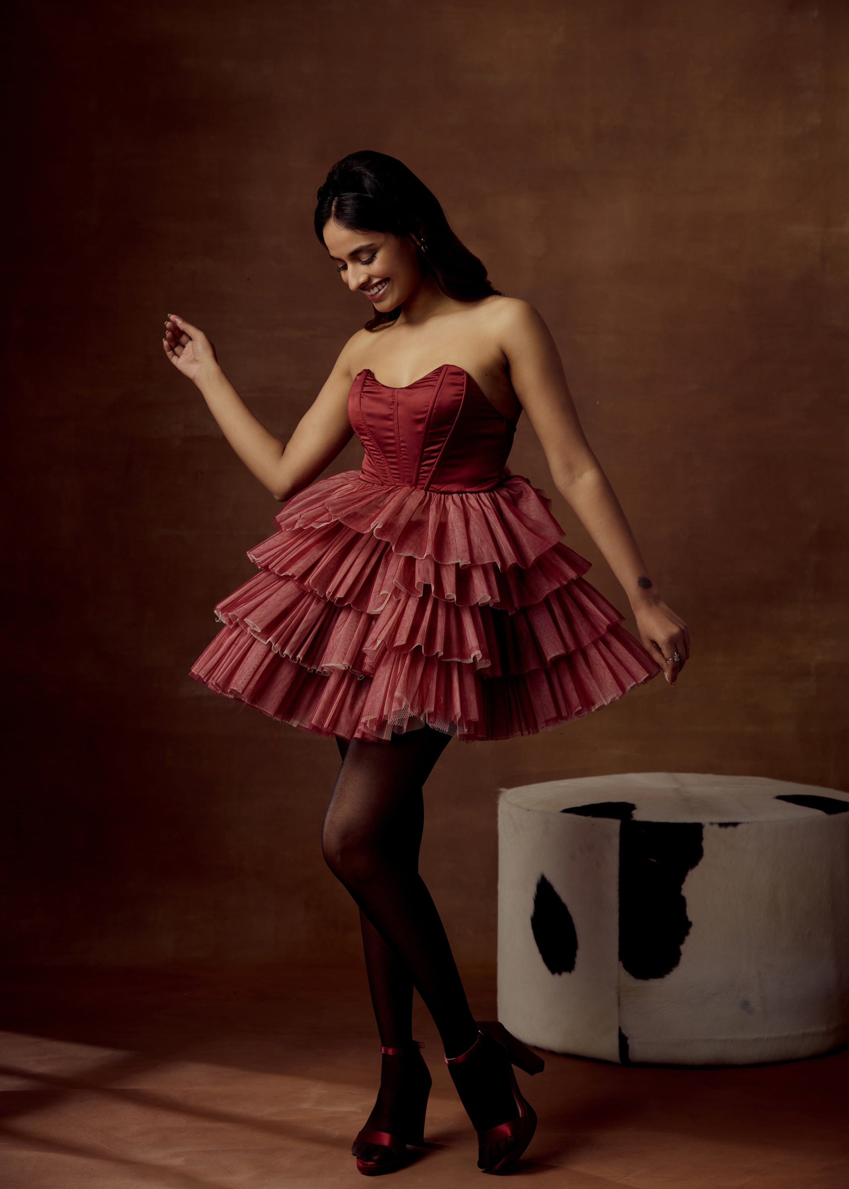 Belle Burgundy Ombre Ruffle Tulle Corset Dress