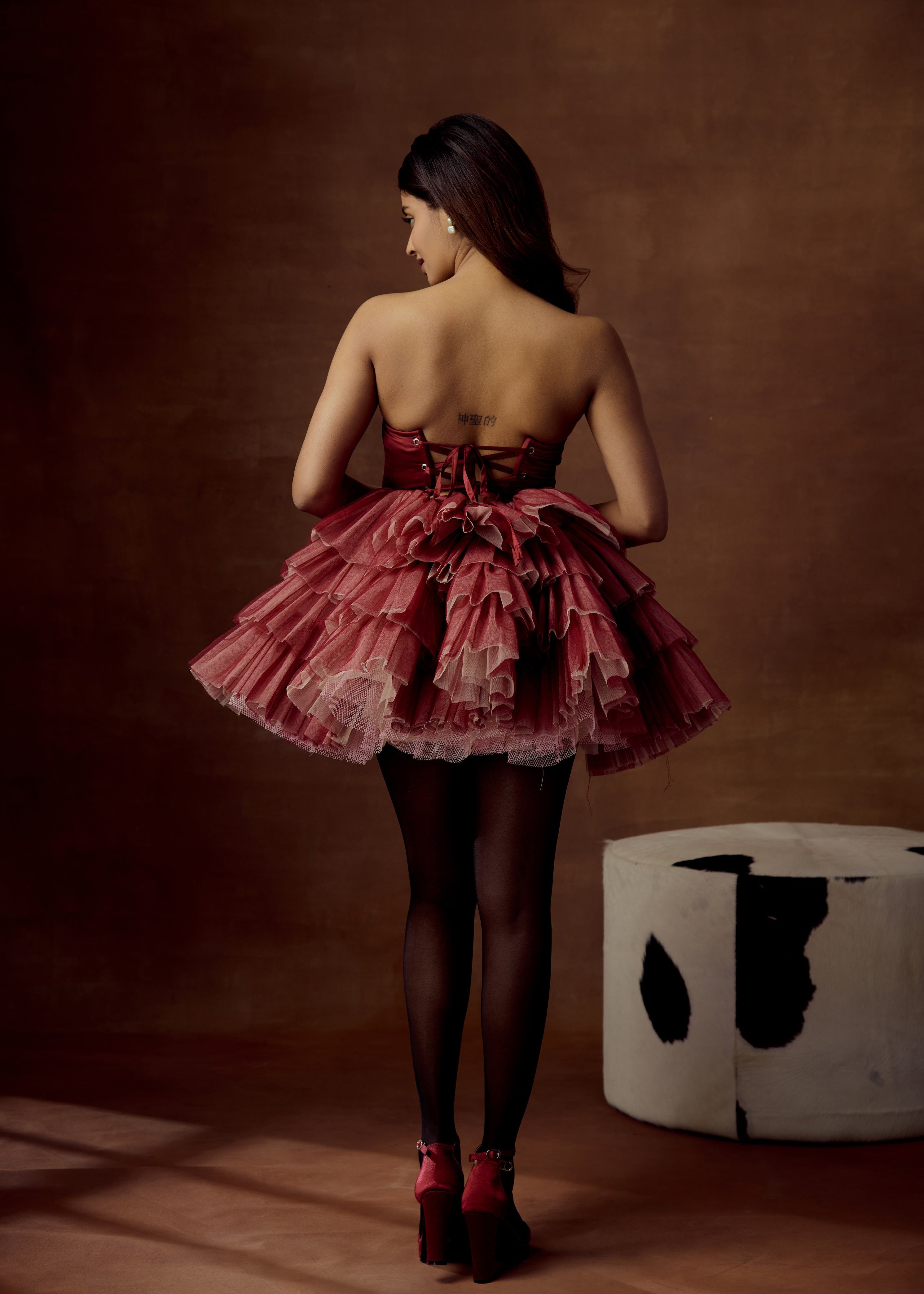 Belle Burgundy Ombre Ruffle Tulle Corset Dress