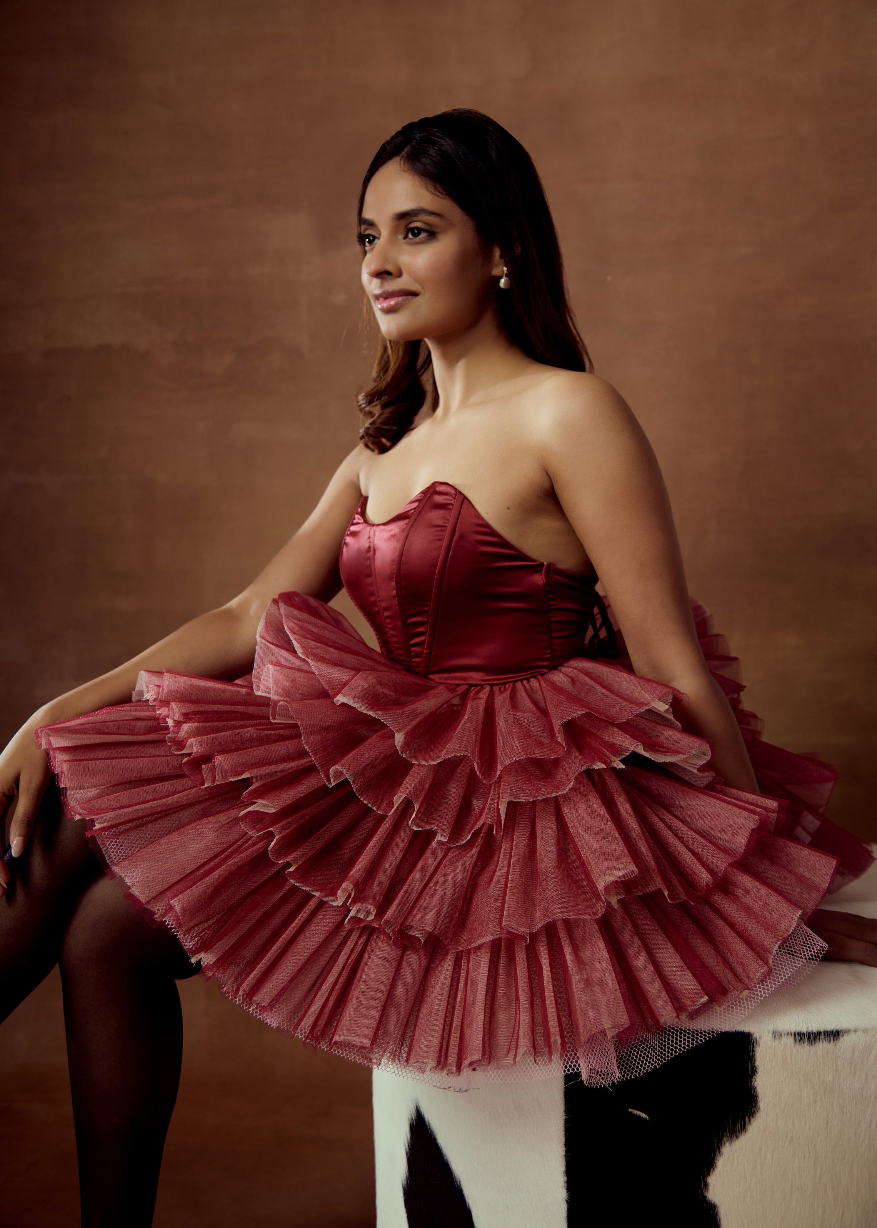 Belle Burgundy Ombre Ruffle Tulle Corset Dress