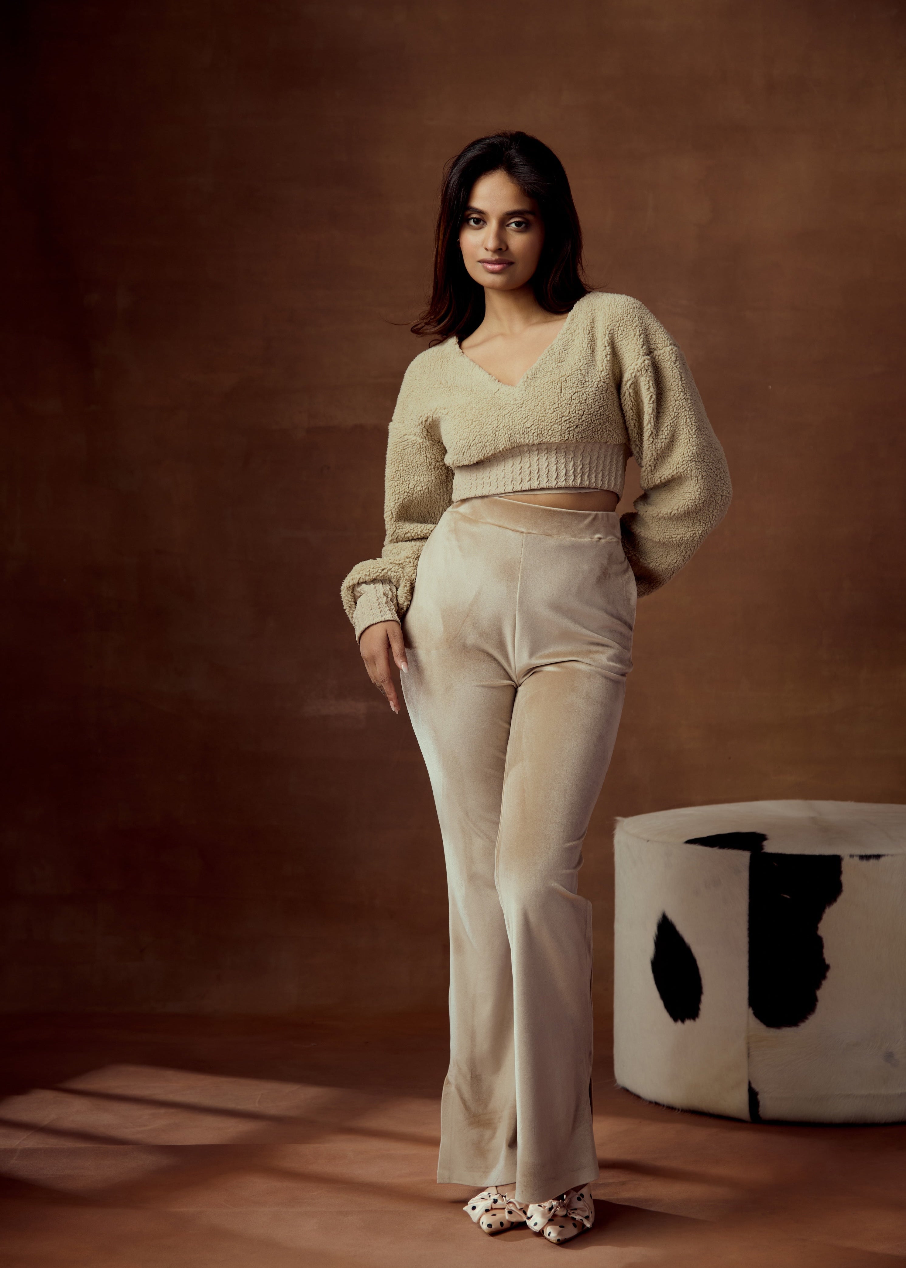 Bertha Beige Velour High-Waisted Pants and Cropped Cami Set