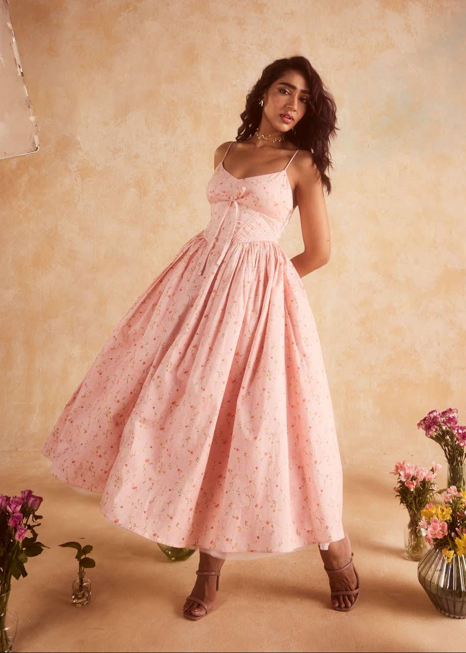 Brynlee Baby Pink Floral Printed Corset Midi Dress