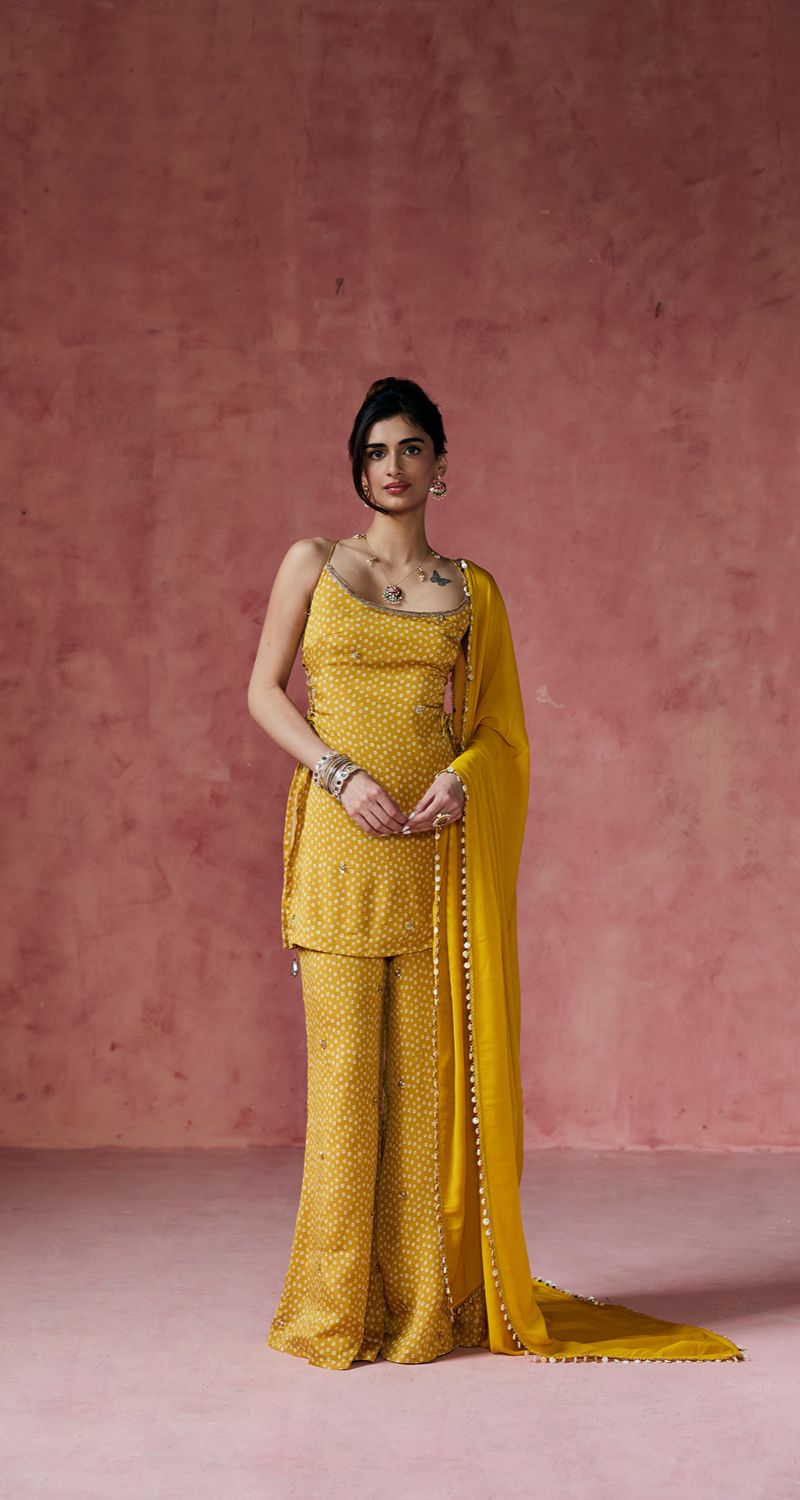 Ria Mustard Bandhani Embellished Sharara Set