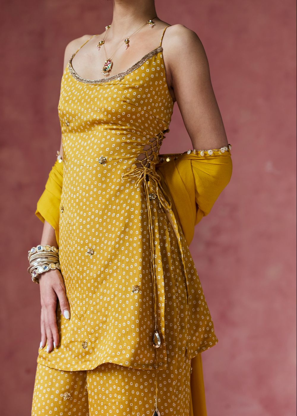 Ria Mustard Bandhani Embellished Sharara Set
