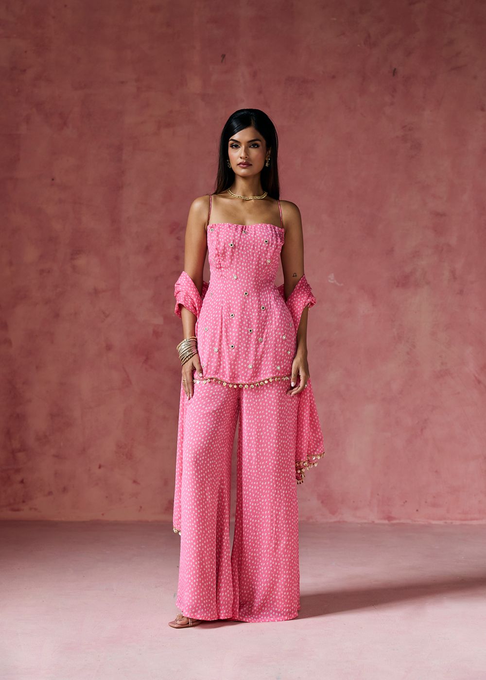 Gulabi Bandhani Embellished Sharara Set