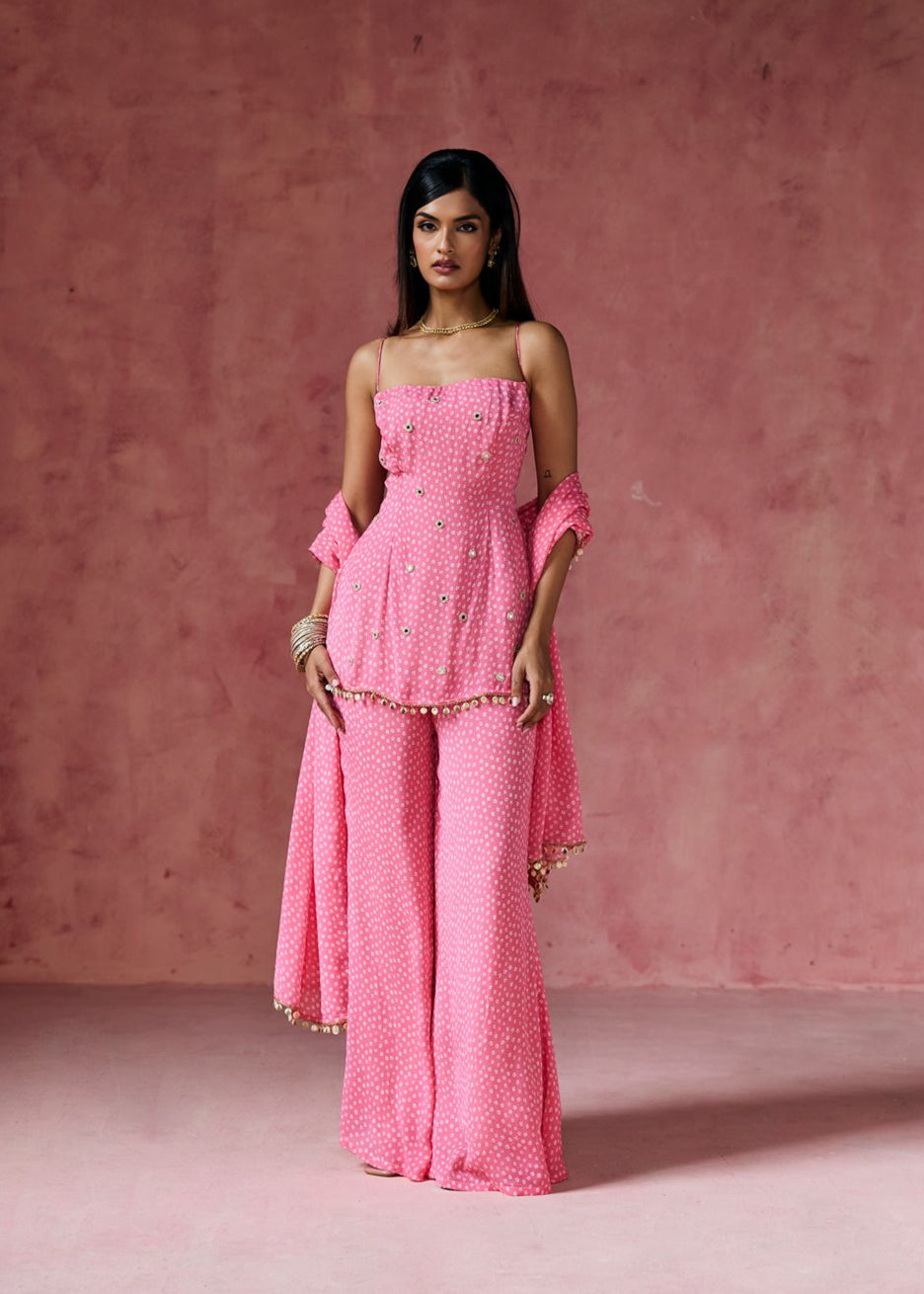 Gulabi Bandhani Embellished Sharara Set