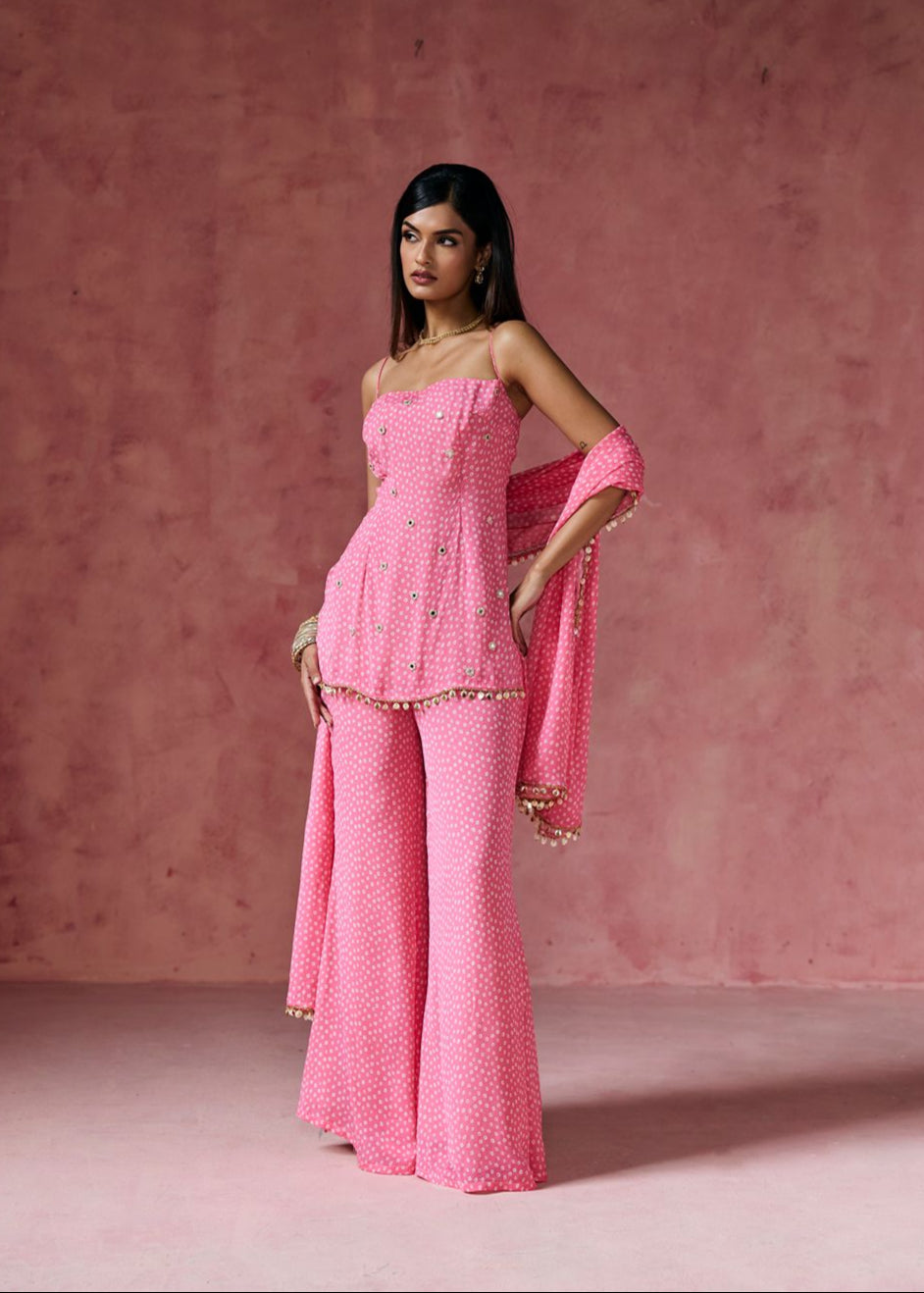 Gulabi Bandhani Embellished Sharara Set