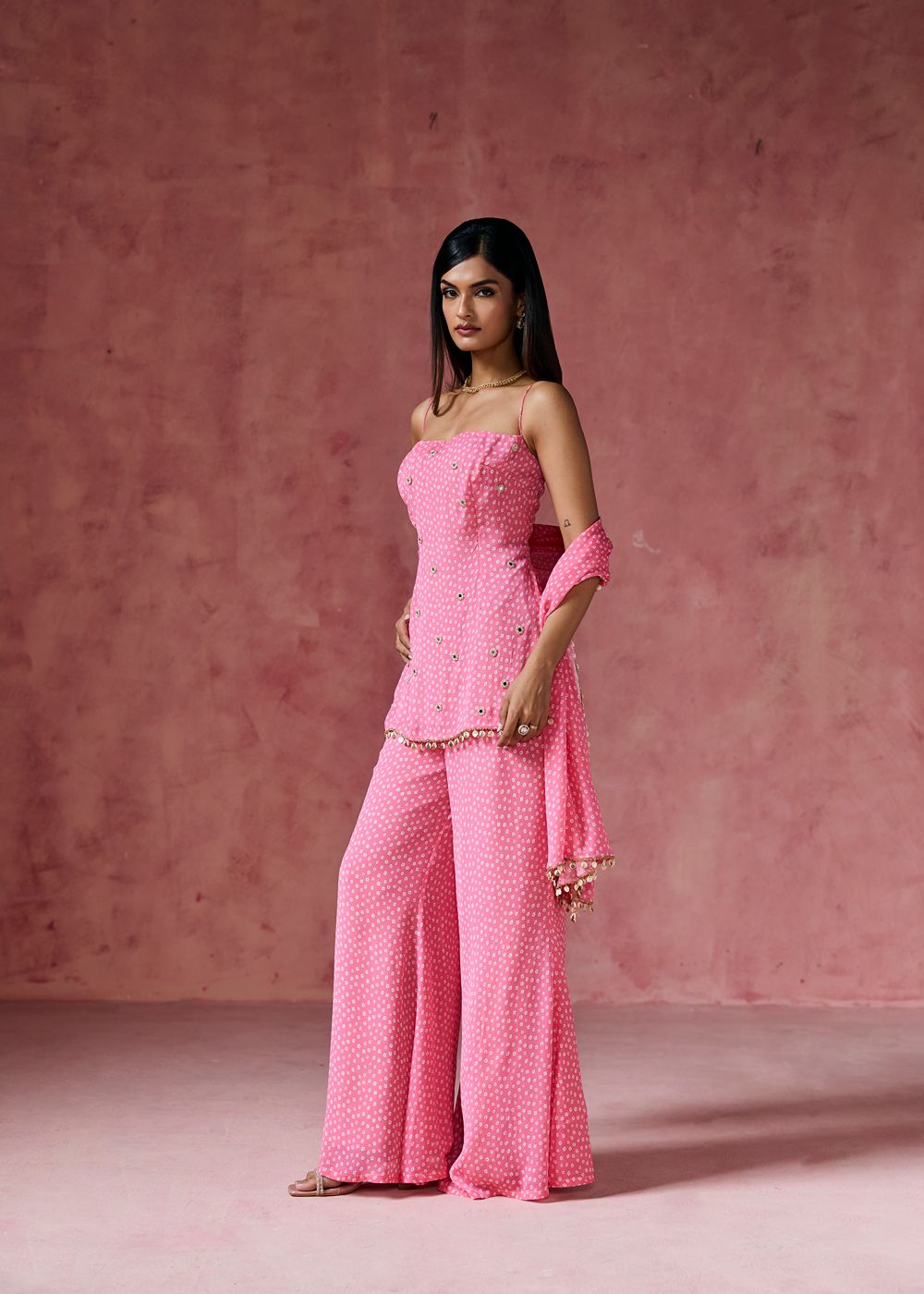 Gulabi Bandhani Embellished Sharara Set