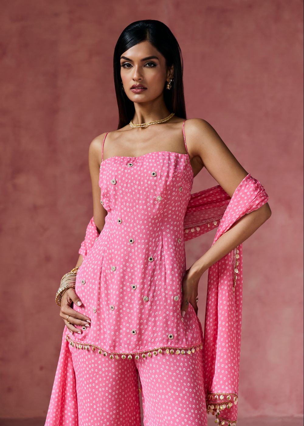 Gulabi Bandhani Embellished Sharara Set