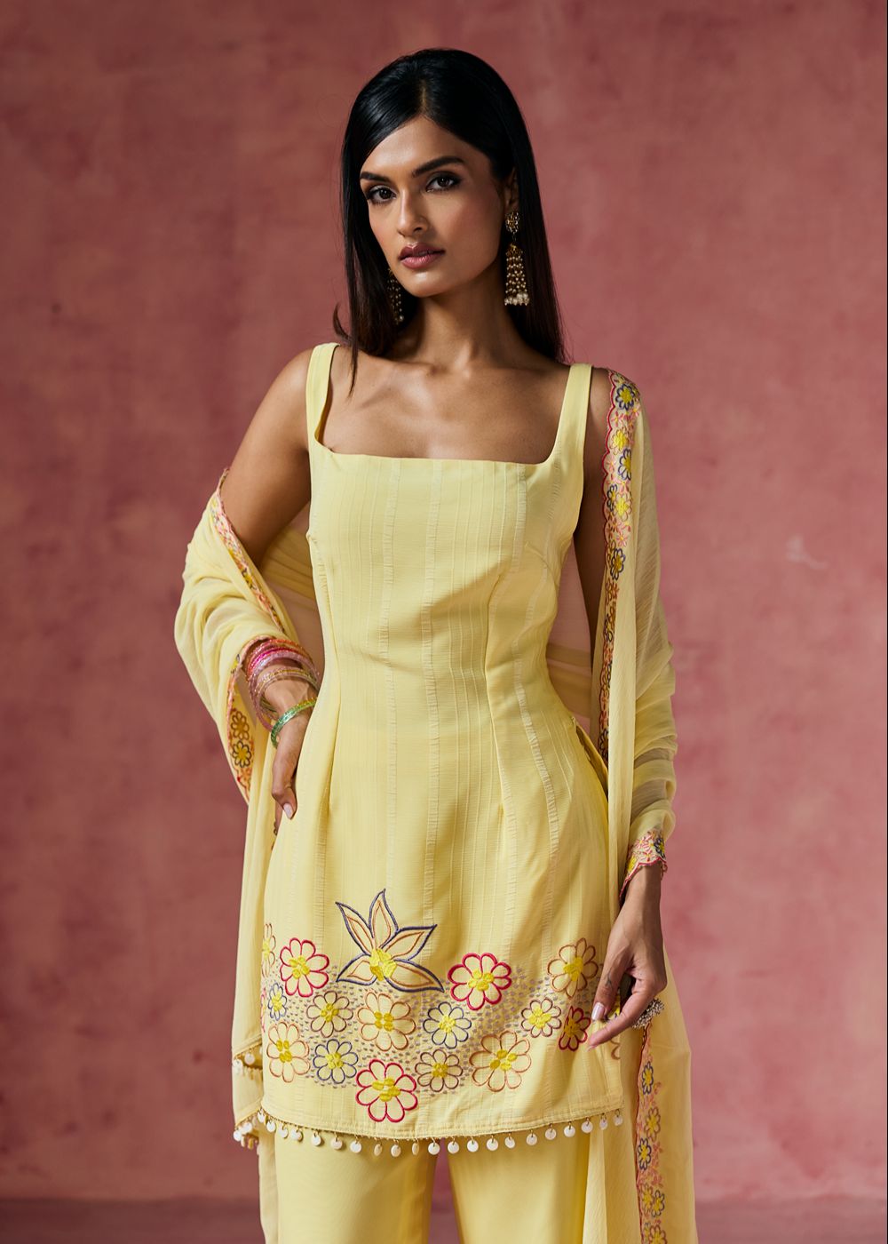 Ziya Yellow Floral Embroidered Kurta Set