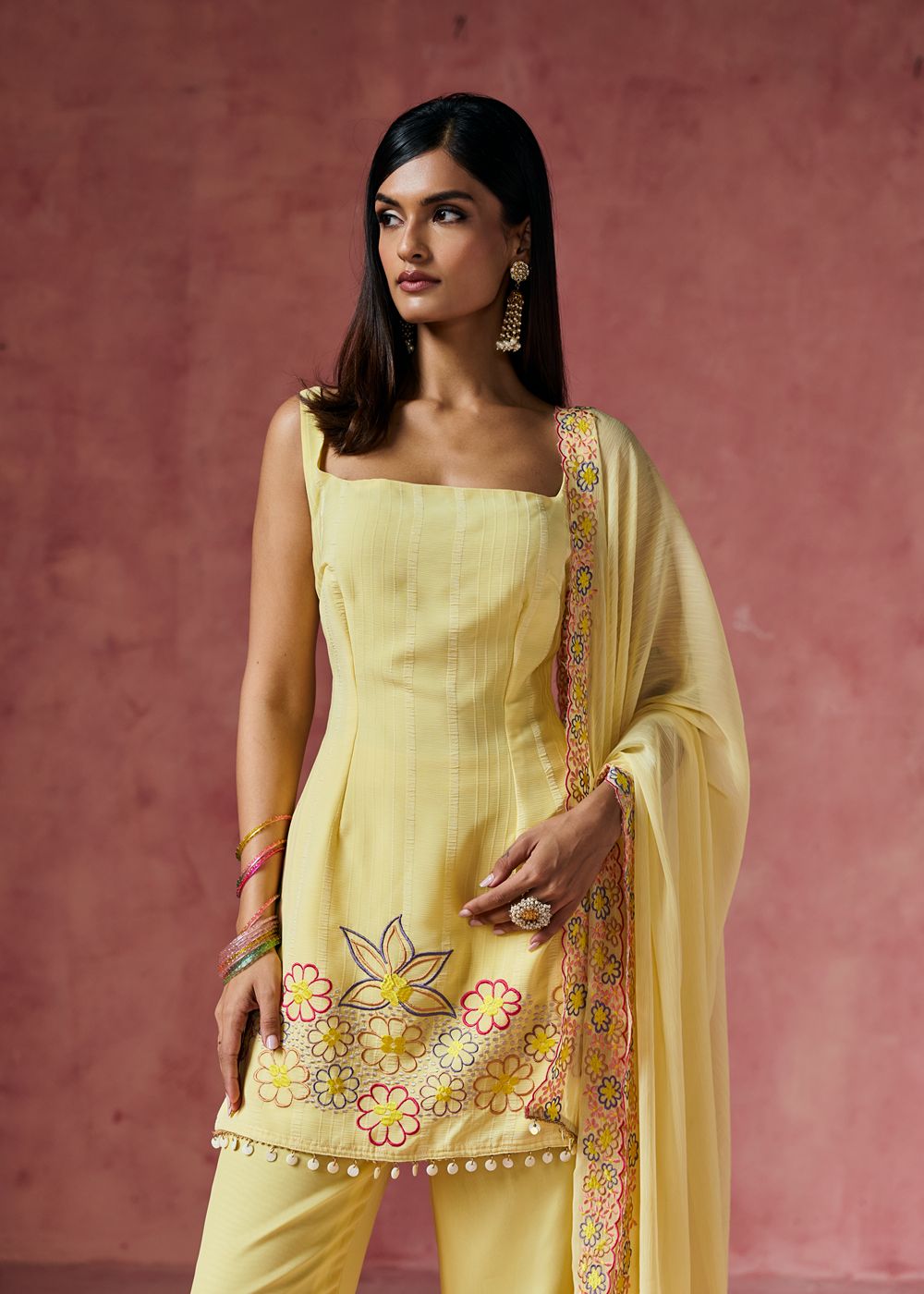 Ziya Yellow Floral Embroidered Kurta Set