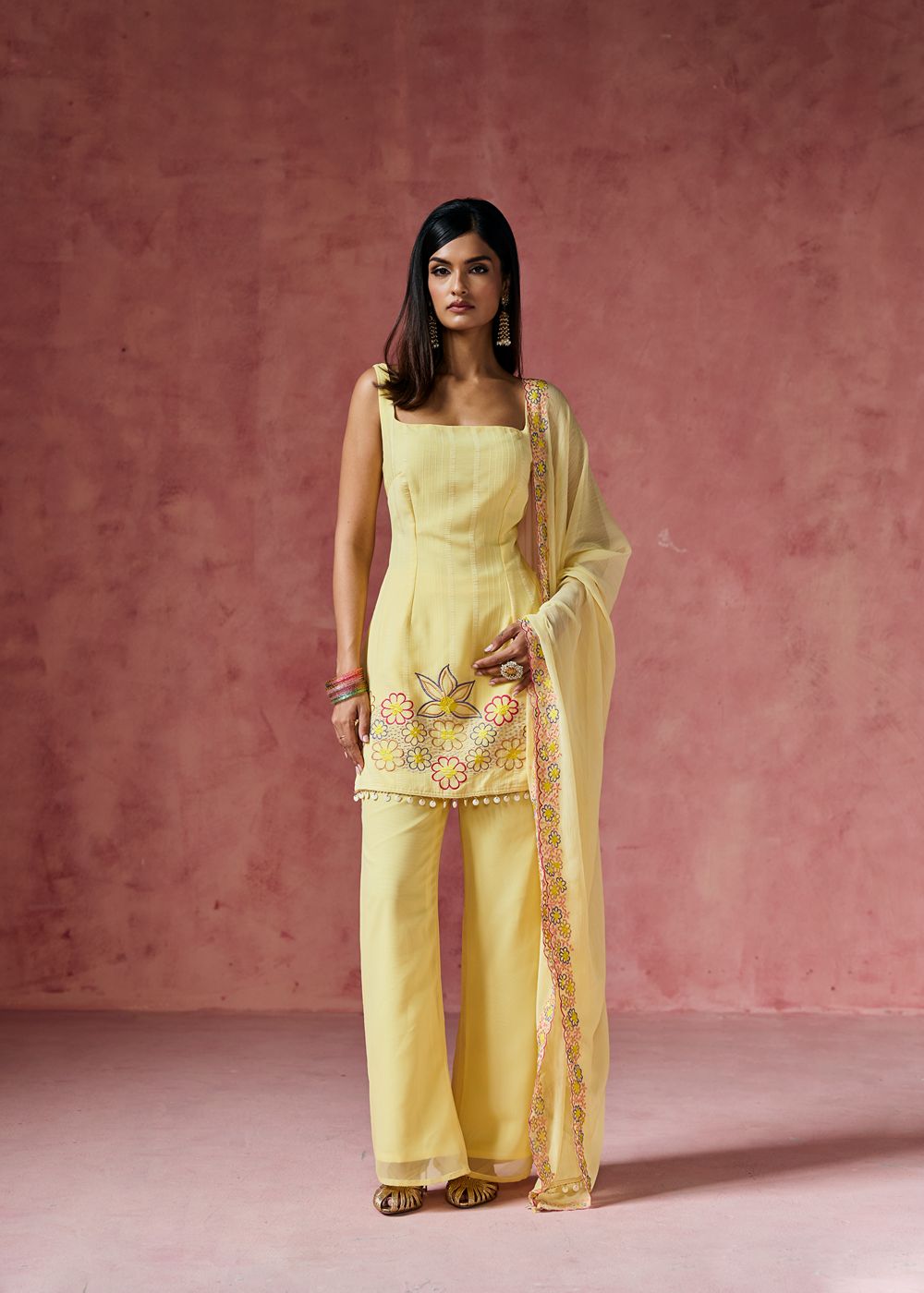 Ziya Yellow Floral Embroidered Kurta Set