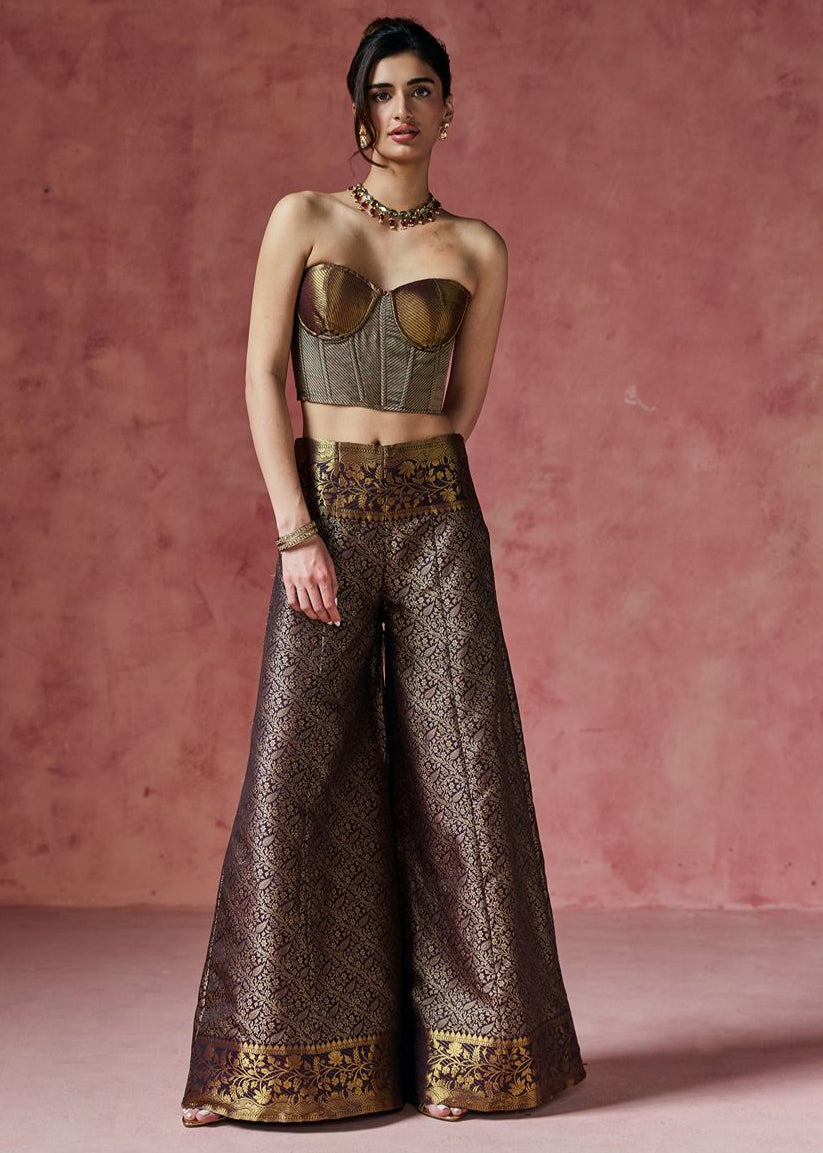 Kashira Bronze Banarasi Corset and Sharara Set