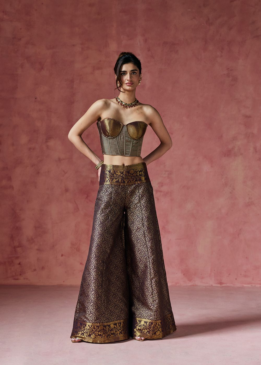 Kashira Bronze Banarasi Corset and Sharara Set