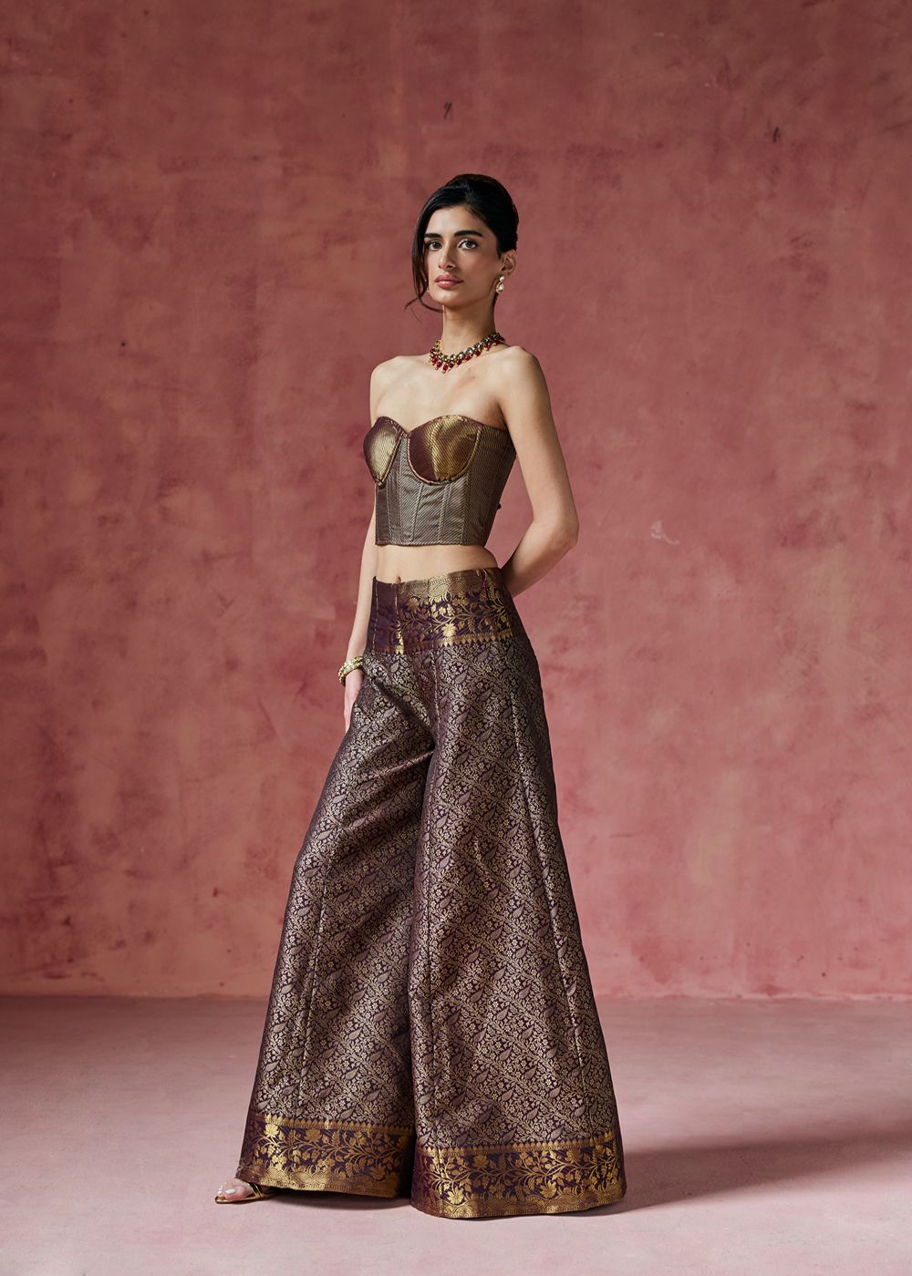 Kashira Bronze Banarasi Corset and Sharara Set