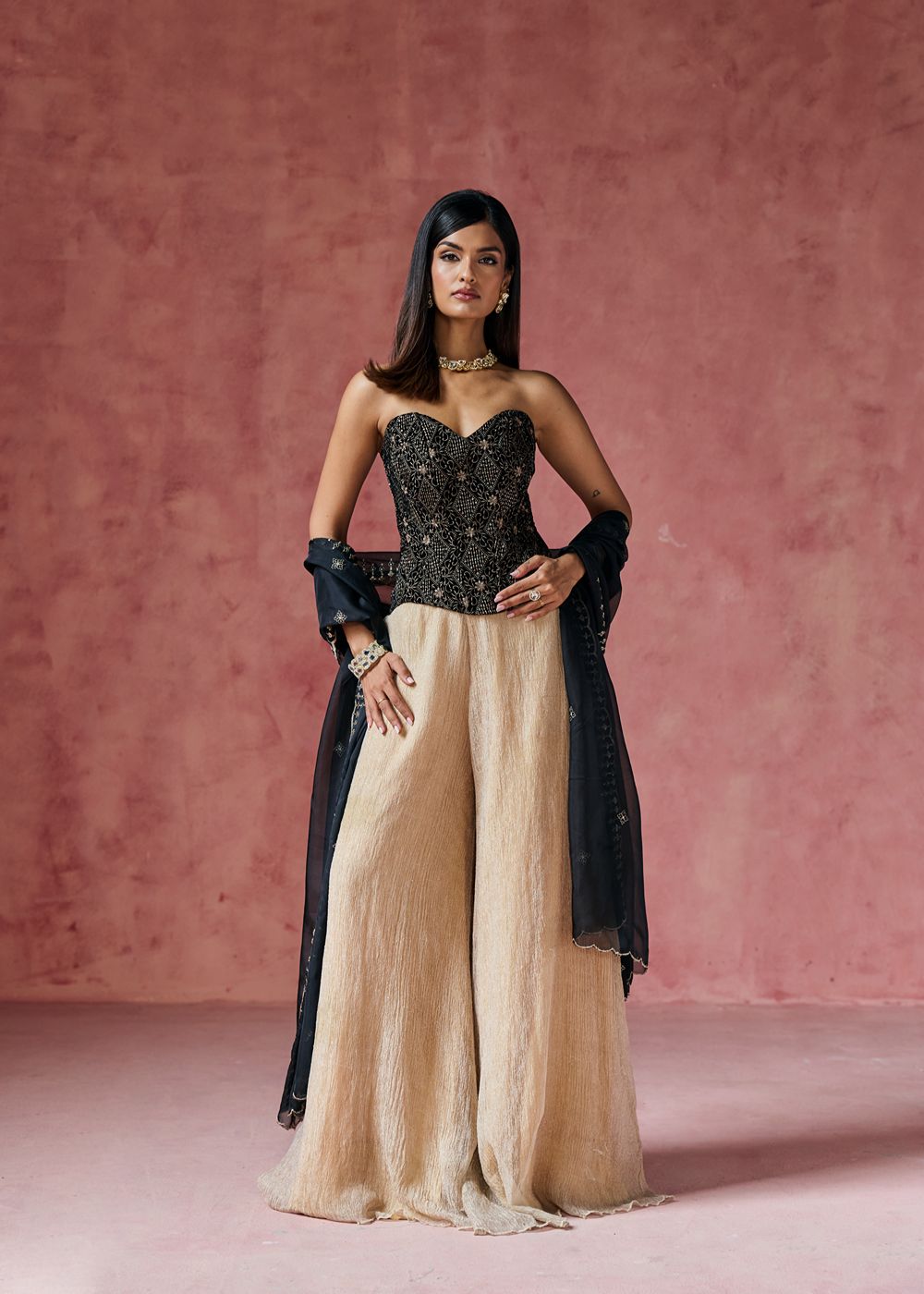 Zafira Black Embroidered Velvet Corset Set