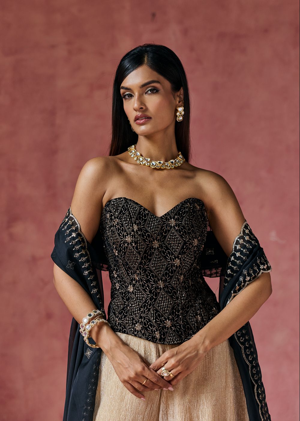 Zafira Black Embroidered Velvet Corset Set