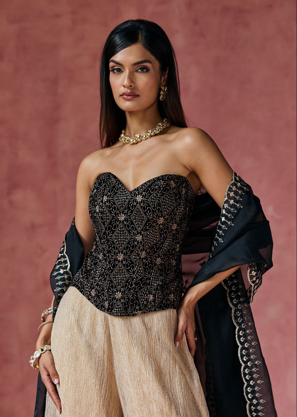 Zafira Black Embroidered Velvet Corset