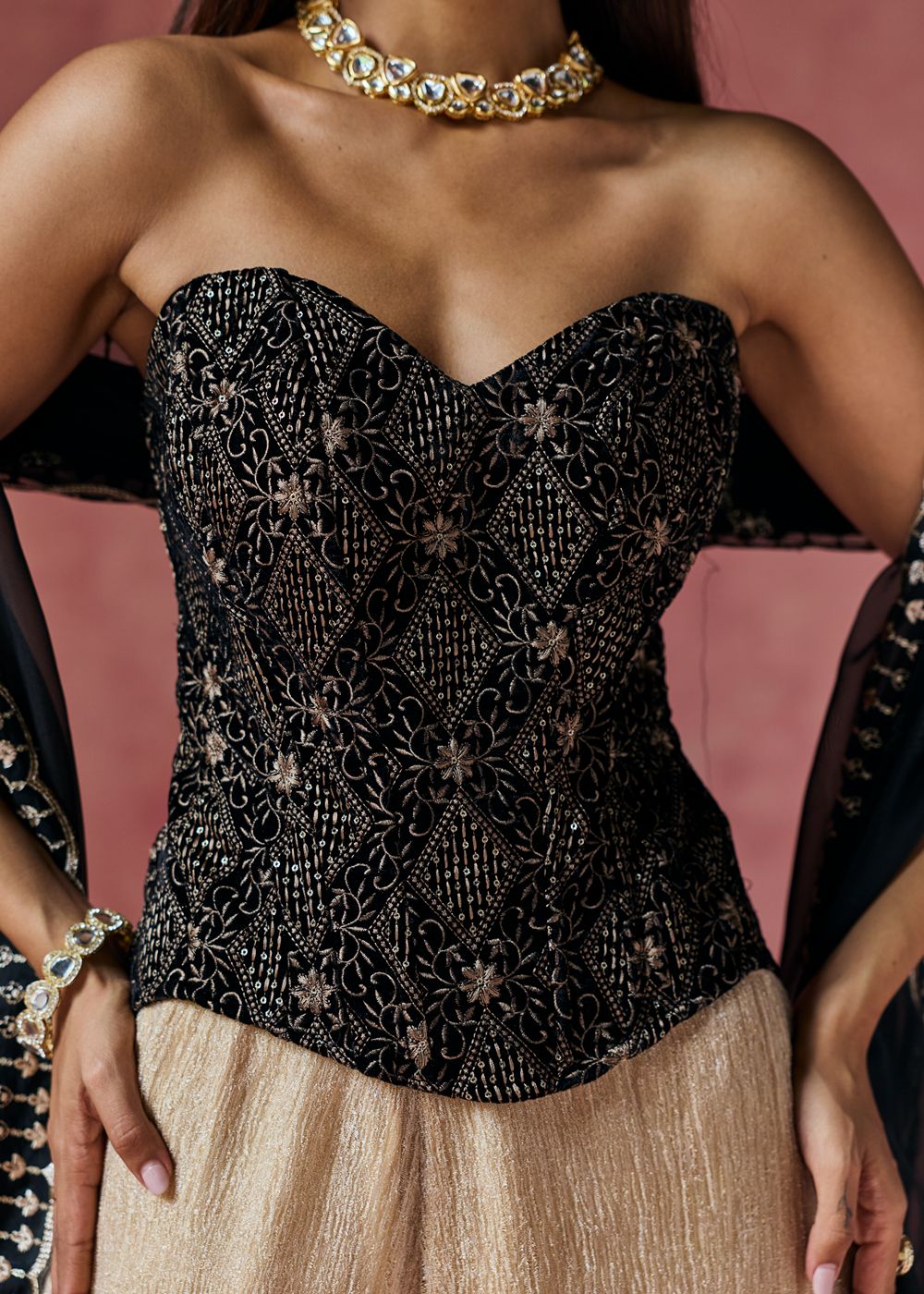Zafira Black Embroidered Velvet Corset