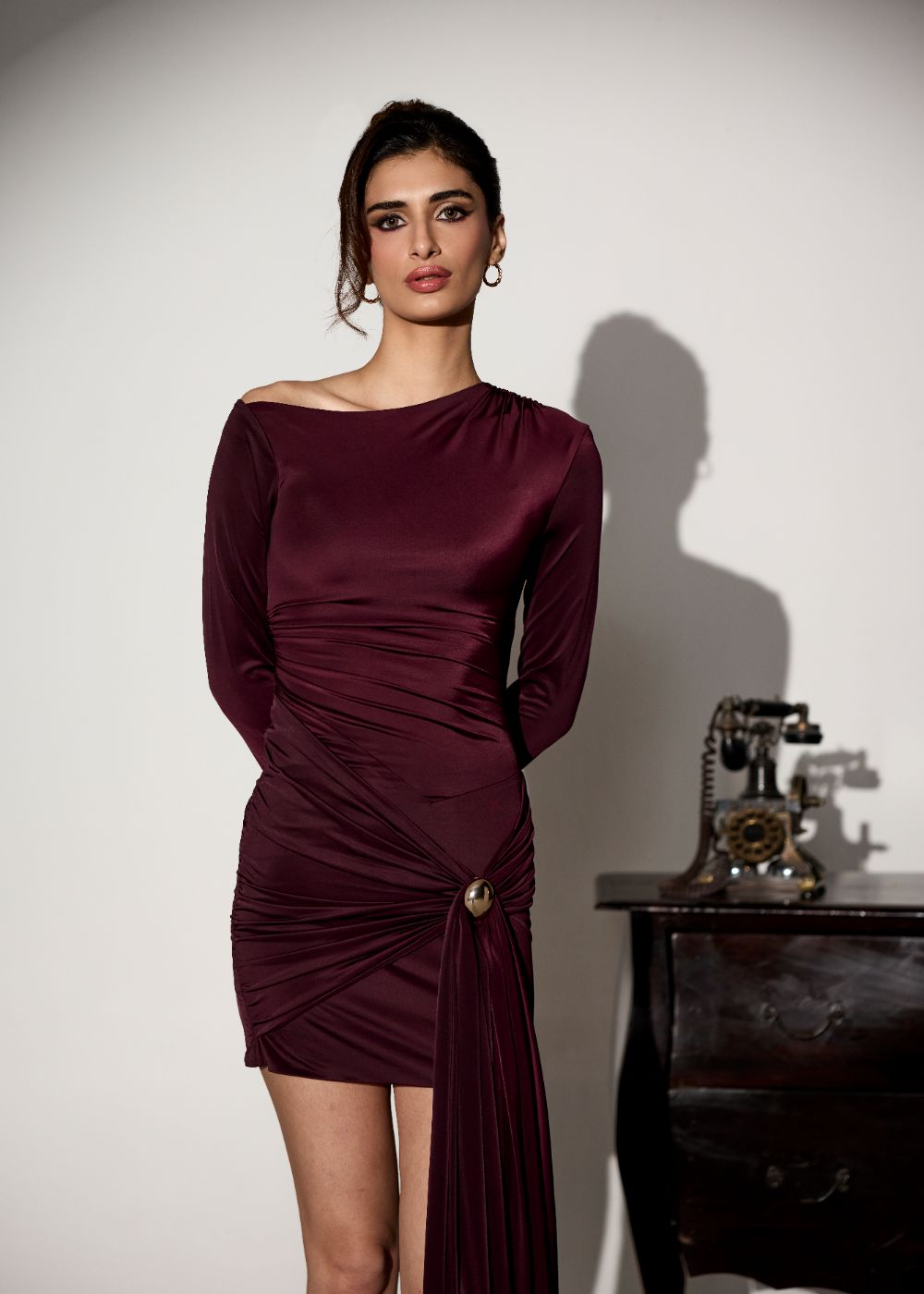 Cordelia Brown Embellished Drape Mini Dress