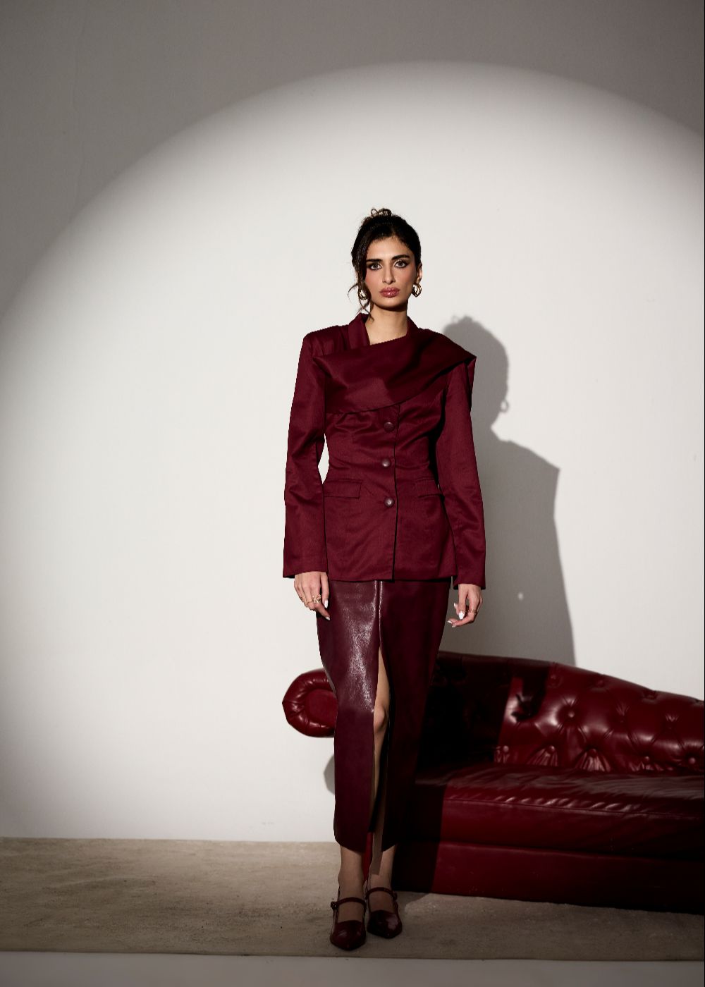 Carmella Cherry Faux Leather Midi Skirt