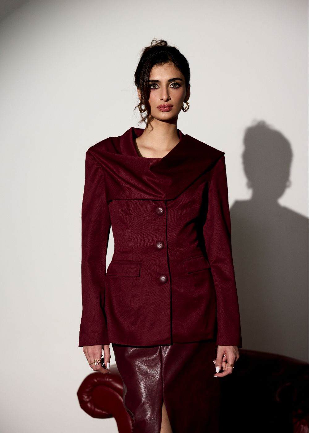 Carmella Cherry Structured Blazer With Shawl