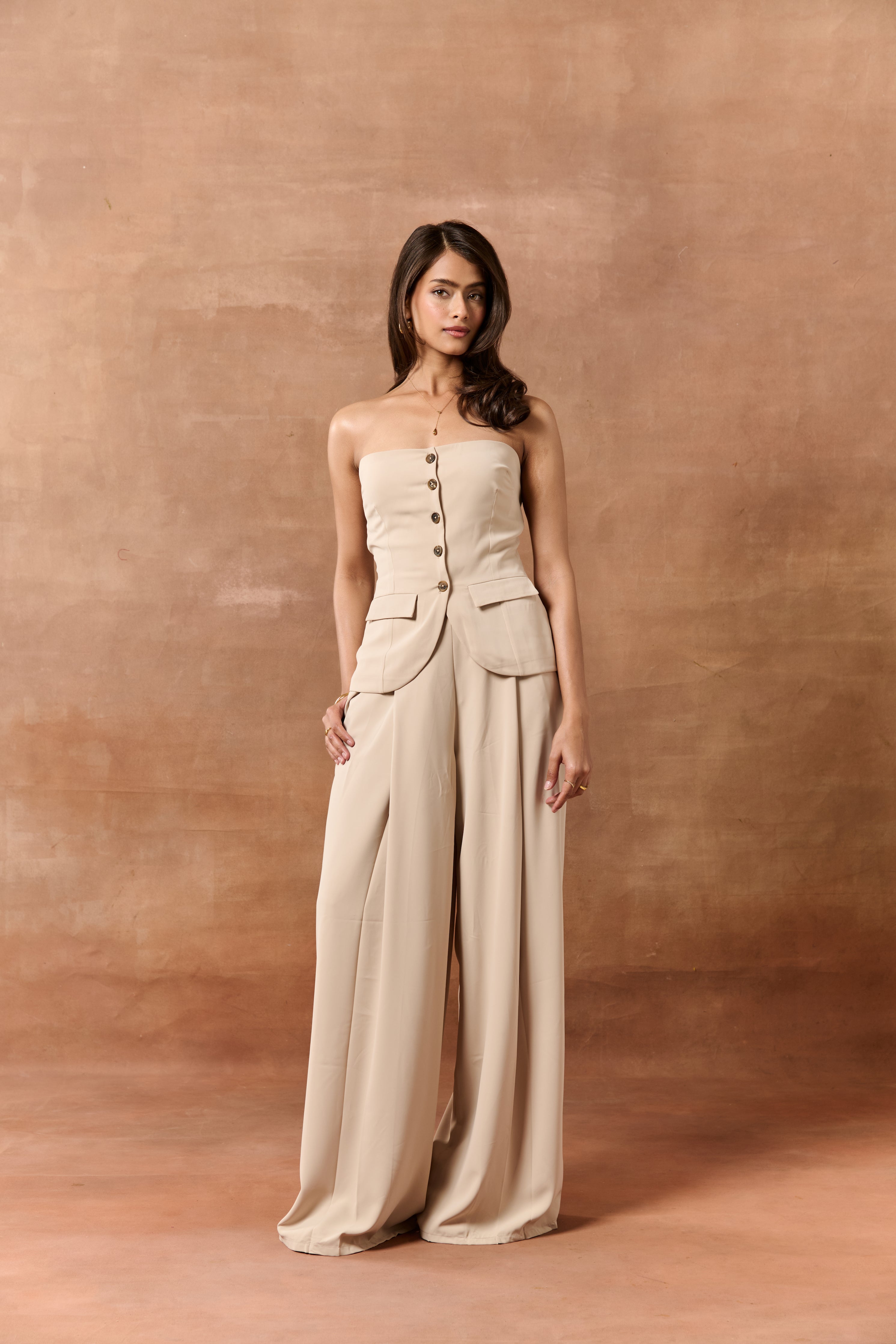 Elvita Beige Starpless Buttoned Waistcoat