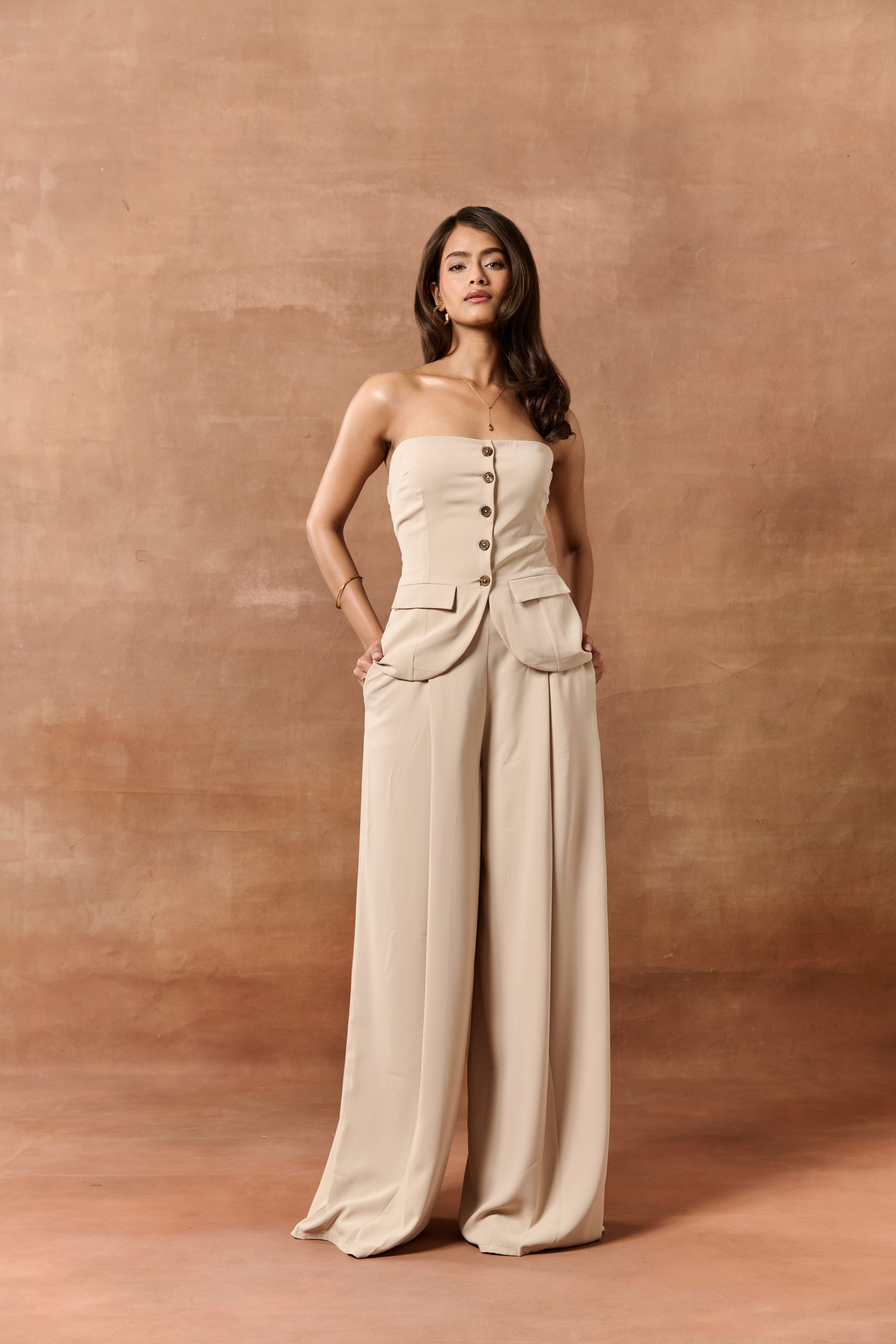 Elvita Beige Starpless Buttoned Waistcoat