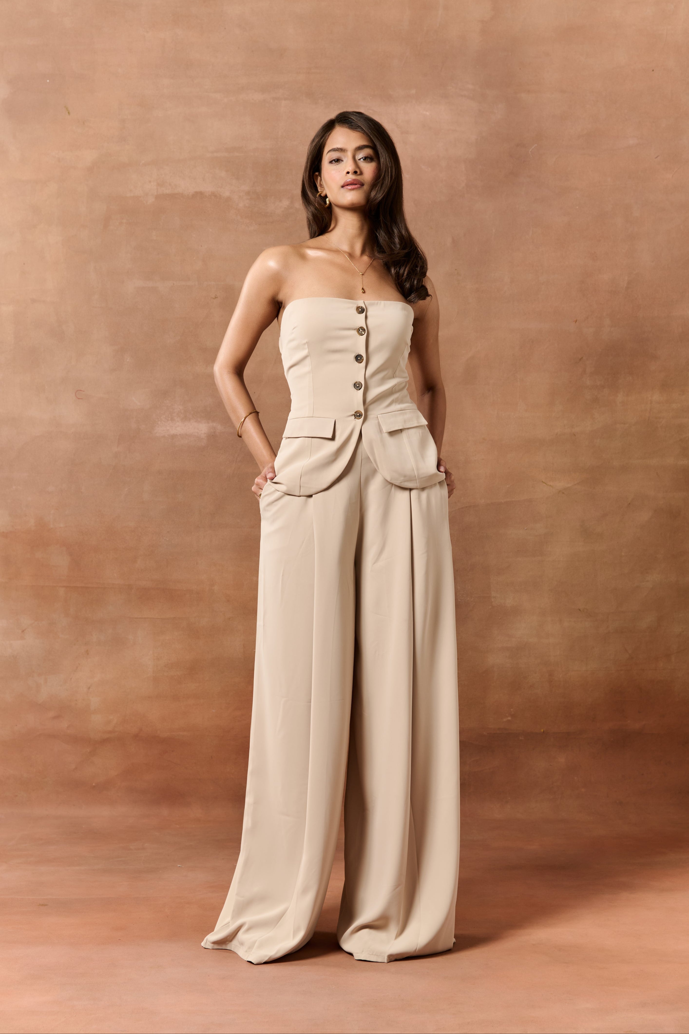 Elvita Beige High-Waisted Pants