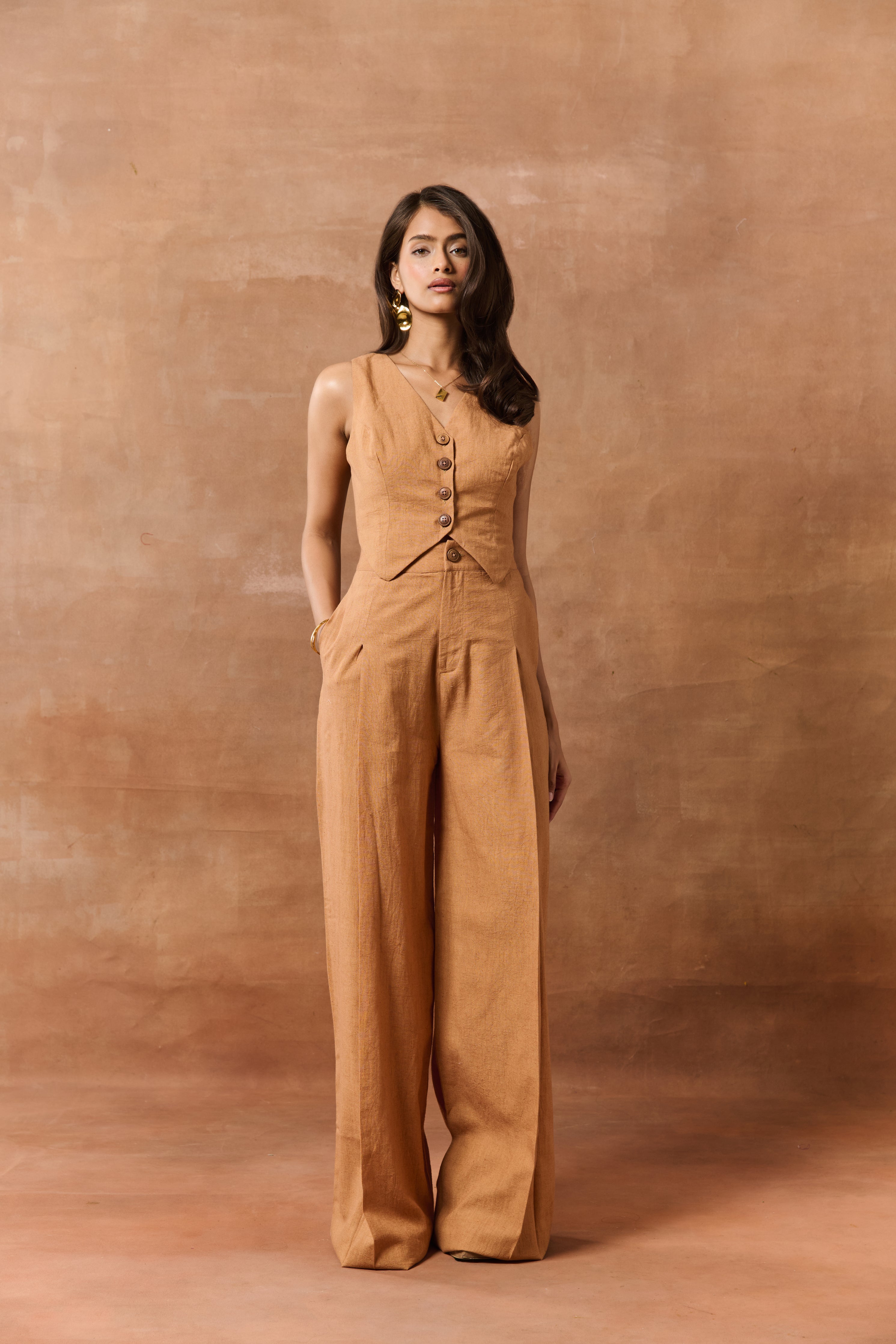 Isolde Tan High-Waisted Linen Pants