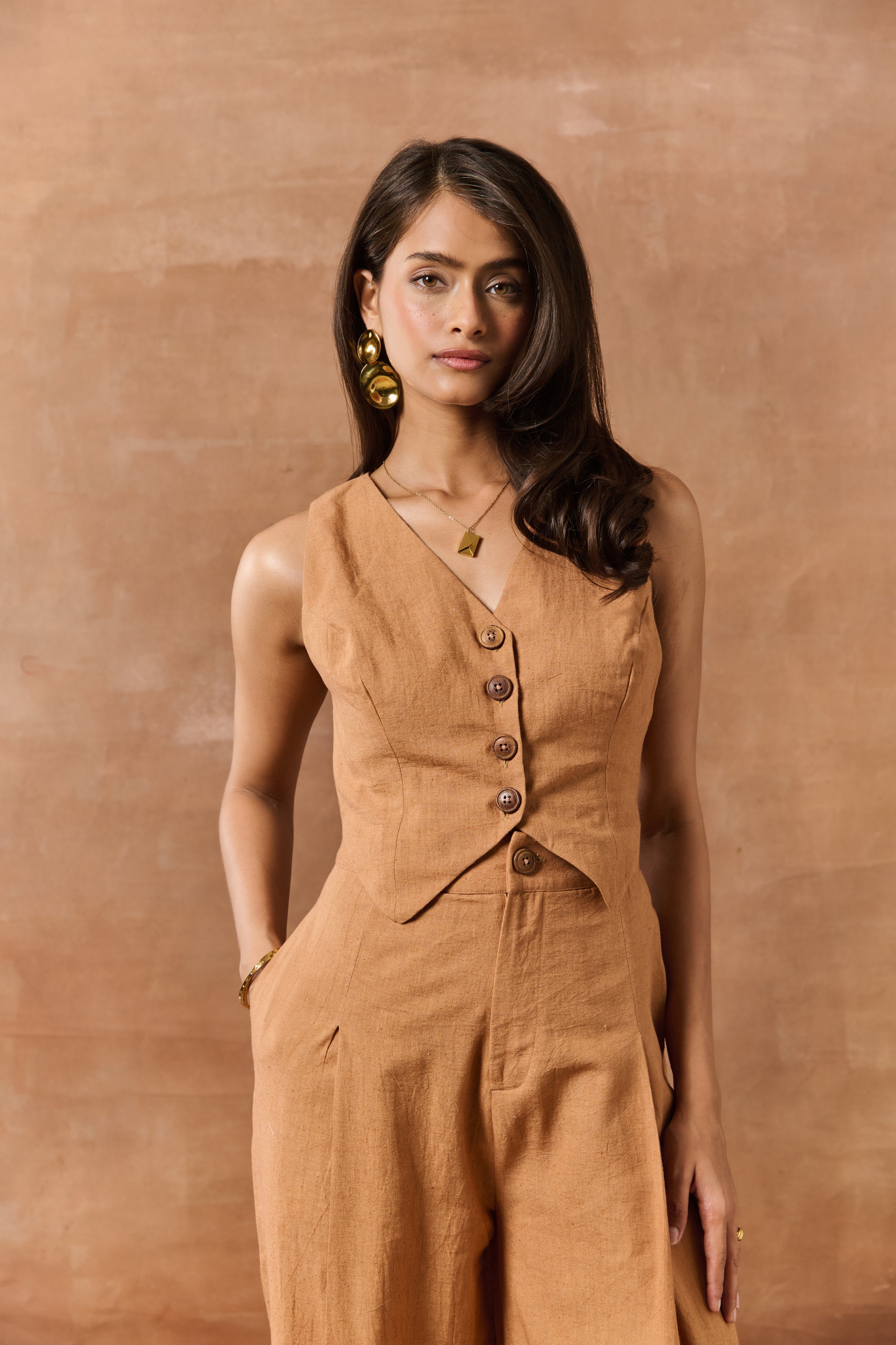 Isolde Tan High-Waisted Linen Pants