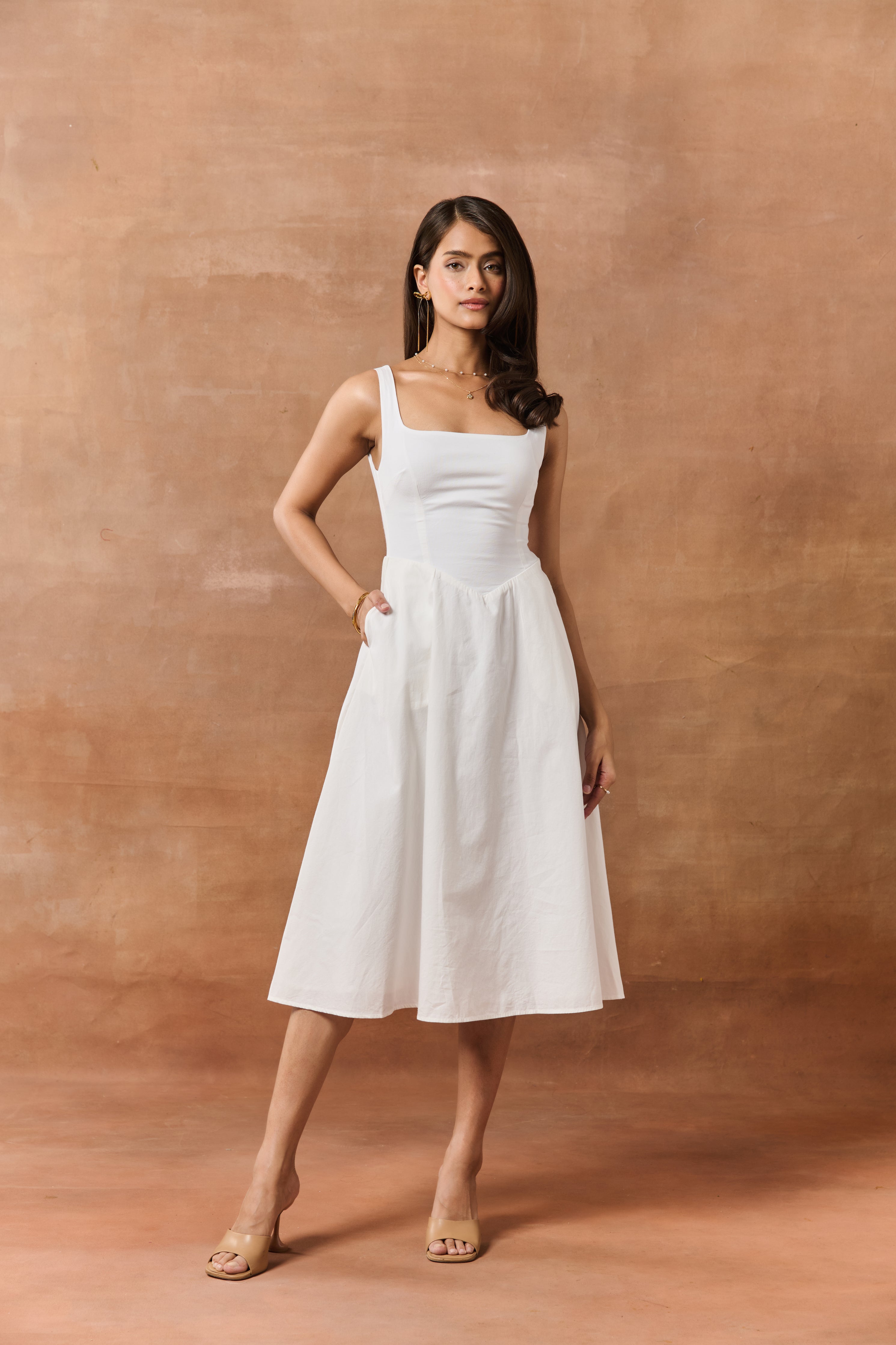 Kornelia White Fit and Flare Midi Dress