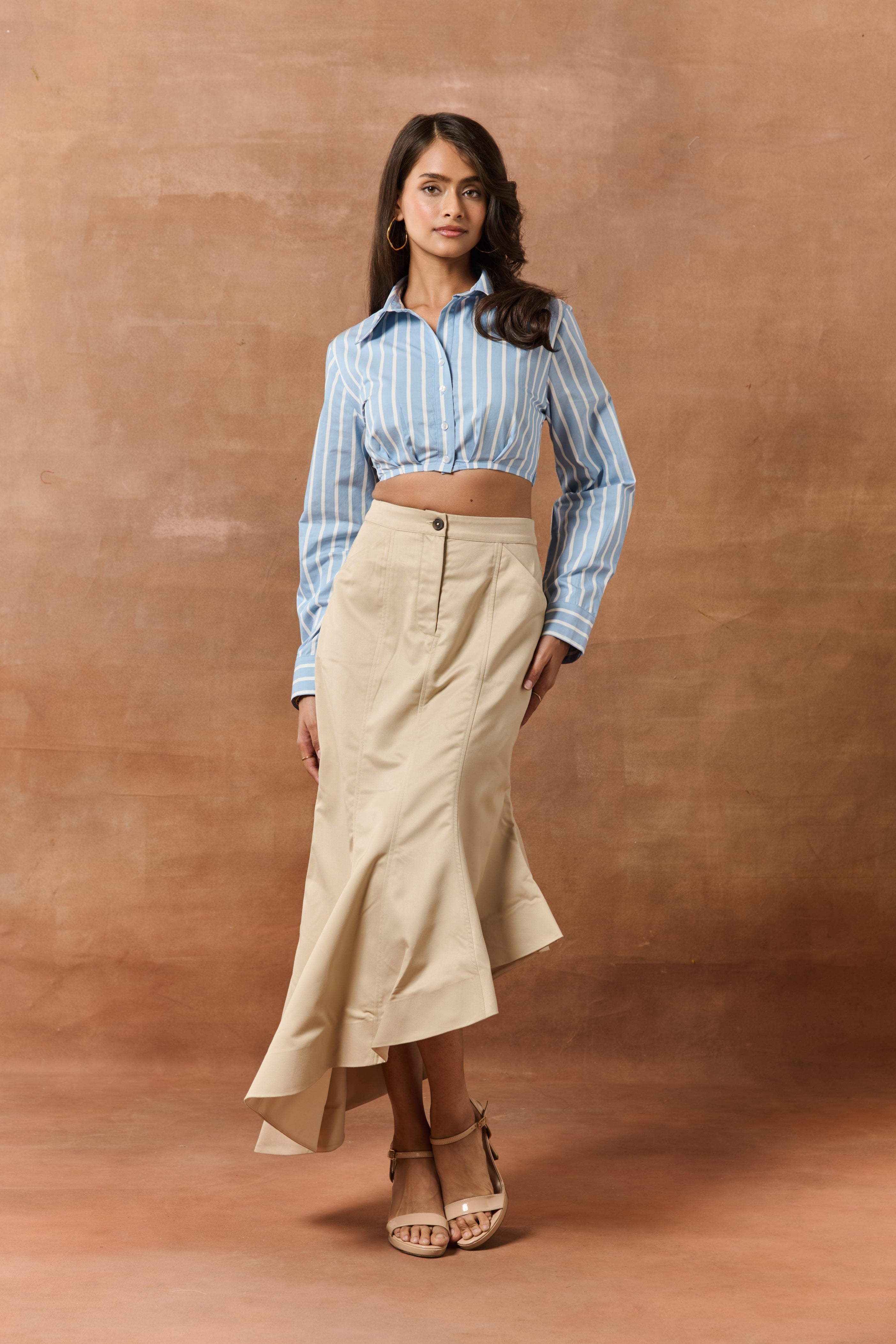 Marjolaine Beige High-Waist Asymmetric Formal Skirt