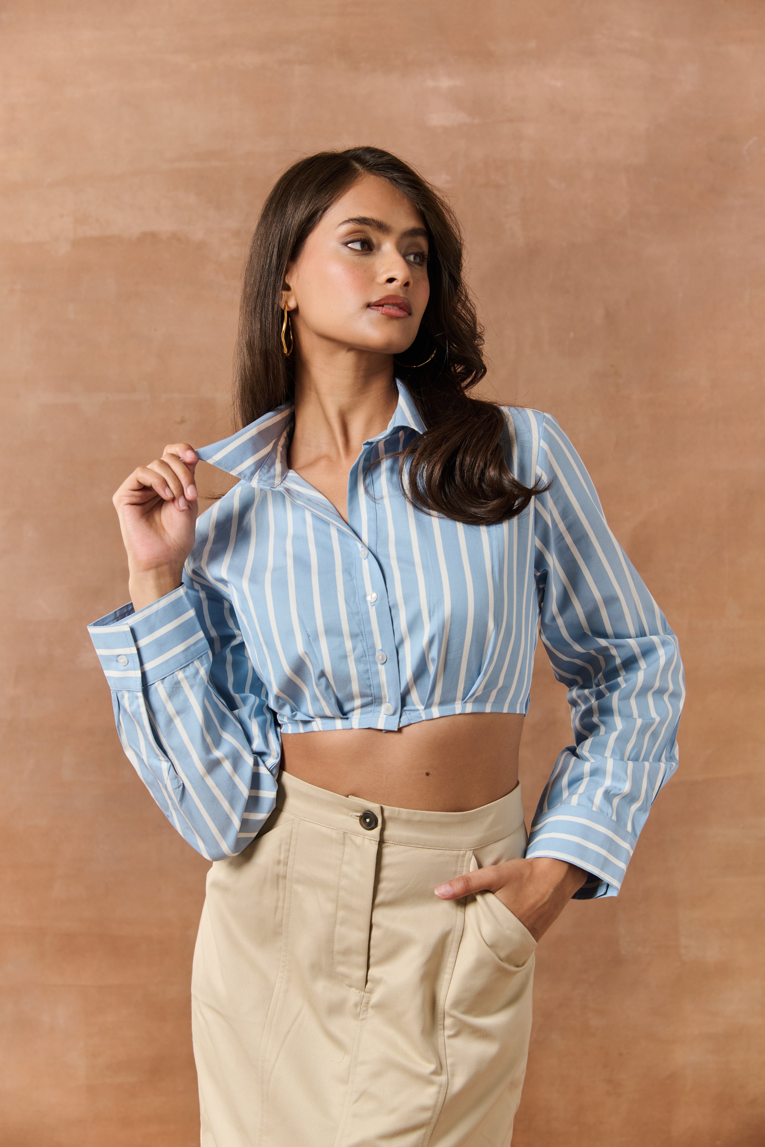 Marion White & Blue Striped Crop Shirt