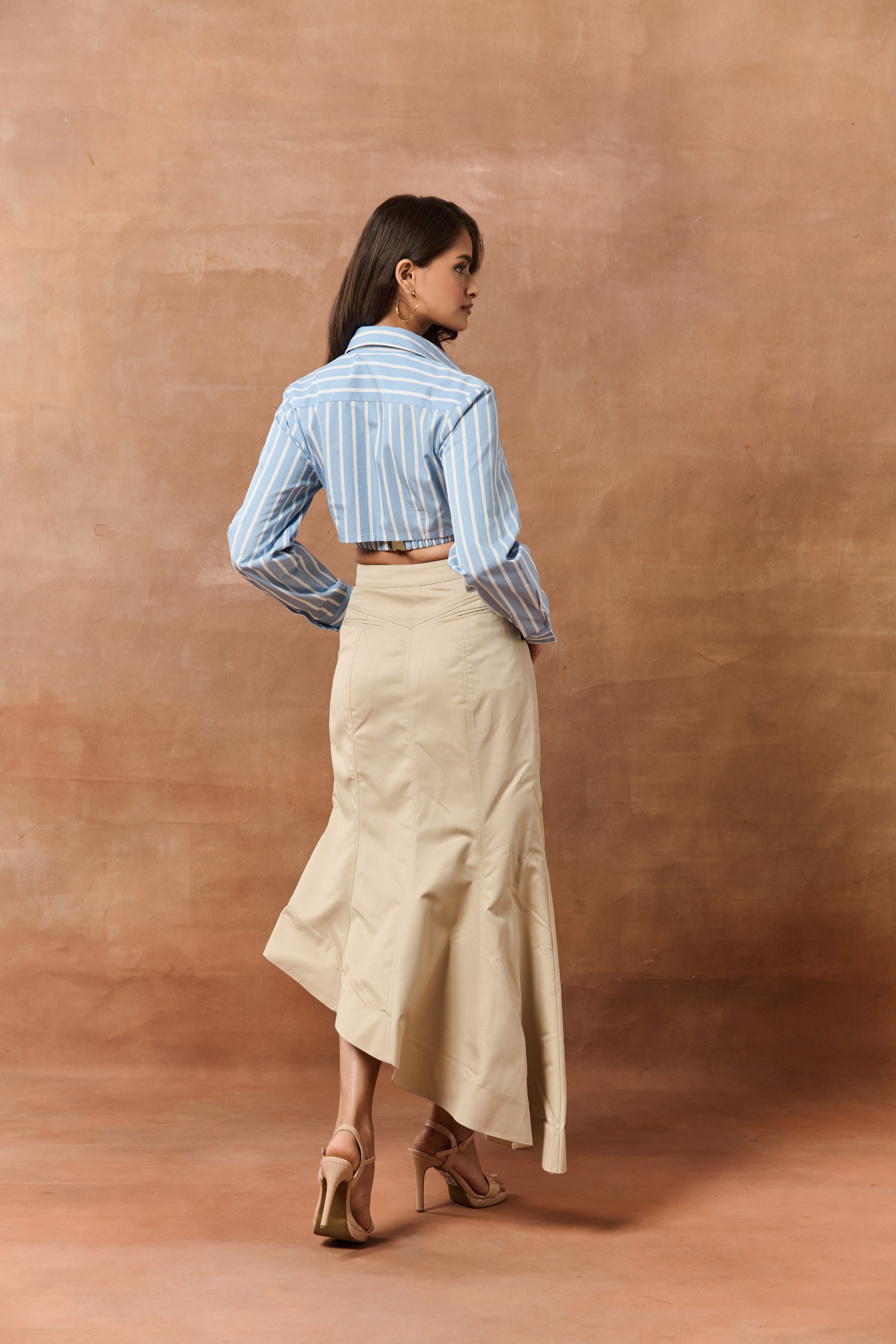 Marjolaine Beige High-Waist Asymmetric Formal Skirt