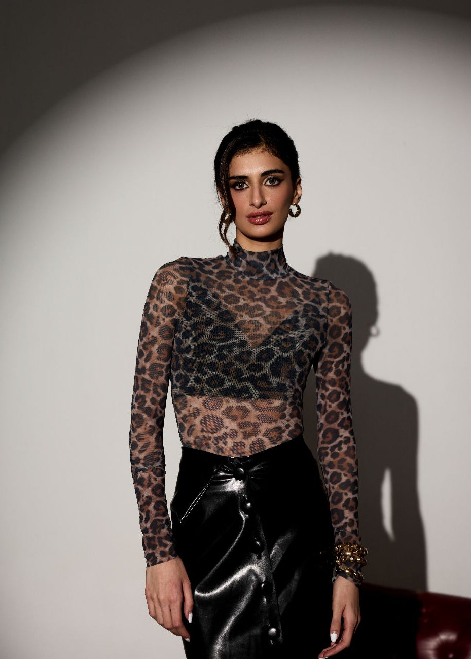 Helen Leopard Print Power Mesh Bodysuit