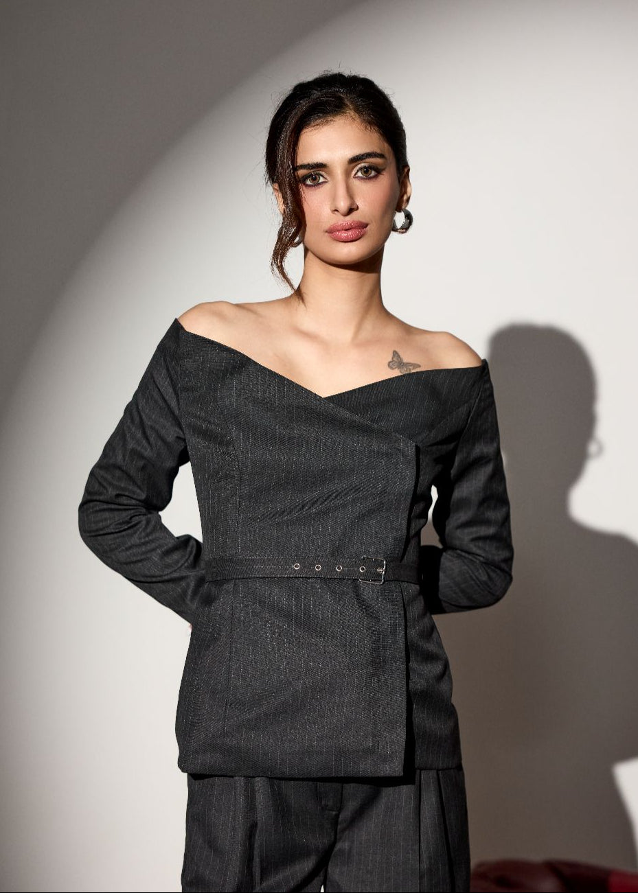 Valence Grey Structured Off-Shoulder Top