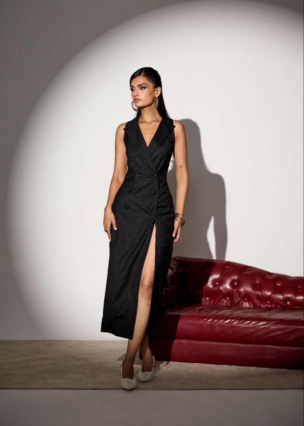 Valeriya Navy Pinstripe Waistcoat Dress