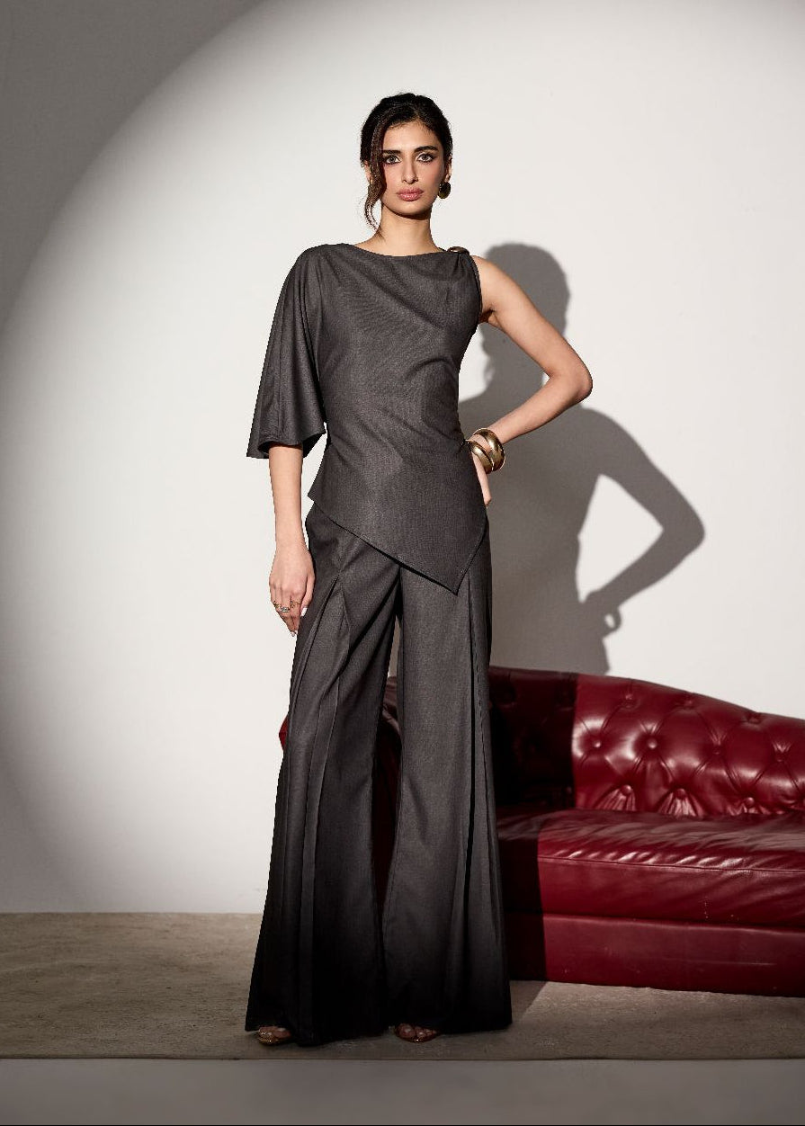 Vionne Grey Draped Asymmetric Top