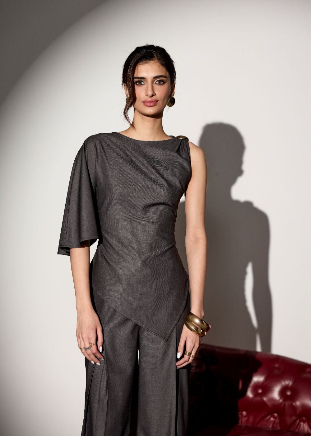 Vionne Grey Draped Asymmetric Top