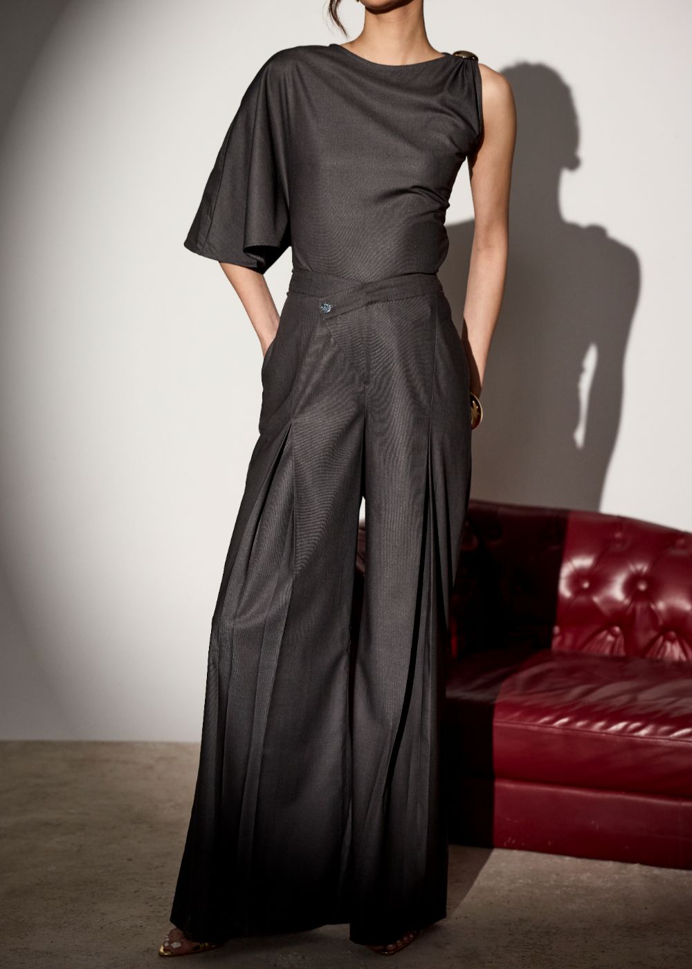 Vionne Grey Draped Asymmetric Top