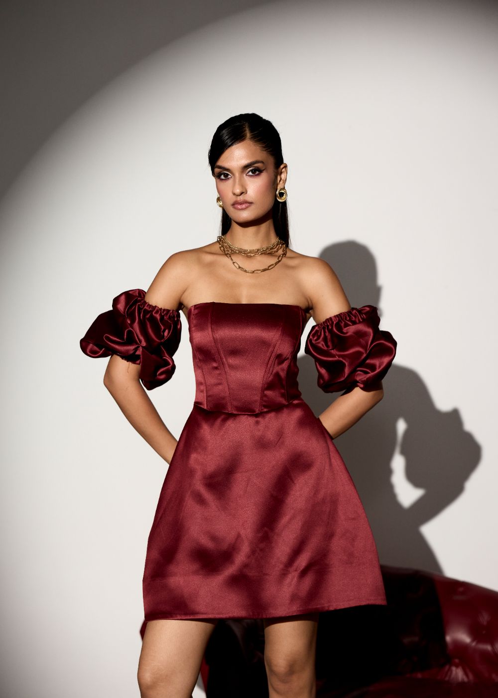 Rosetta Burgundy Structured Corset Dress with Detachable Sleeves