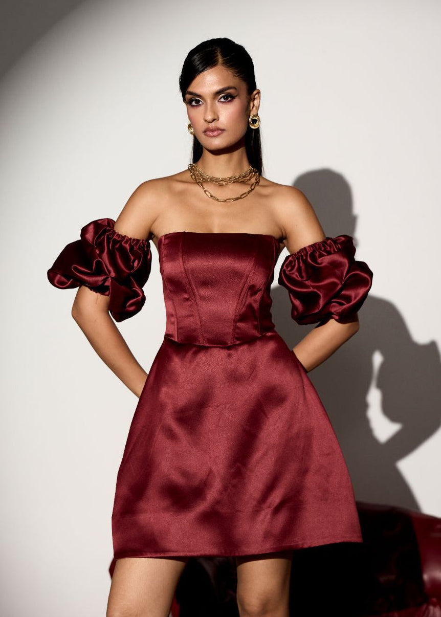 Rosetta Burgundy Structured Corset Dress with Detachable Sleeves