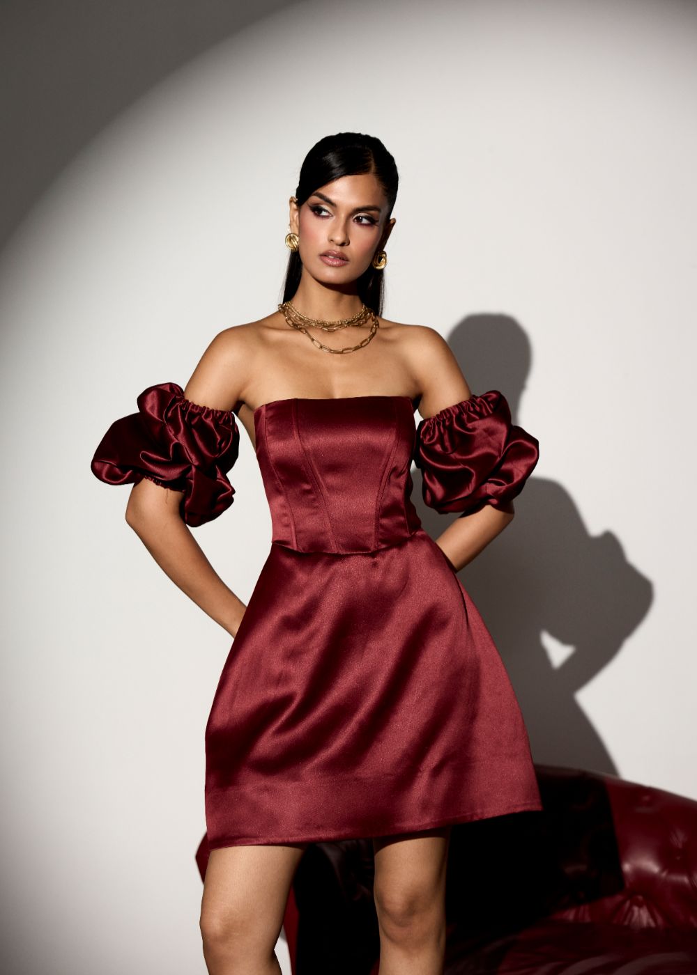 Rosetta Burgundy Structured Corset Dress with Detachable Sleeves