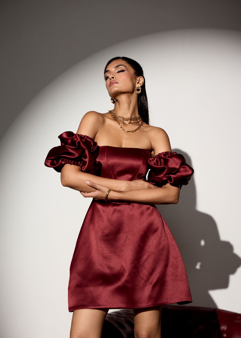 Rosetta Burgundy Structured Corset Dress with Detachable Sleeves