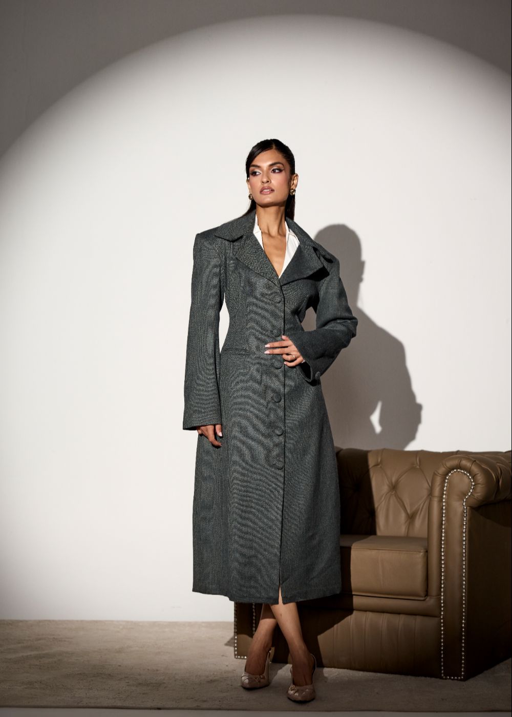 Marcella Grey Houndstooth Trench Coat
