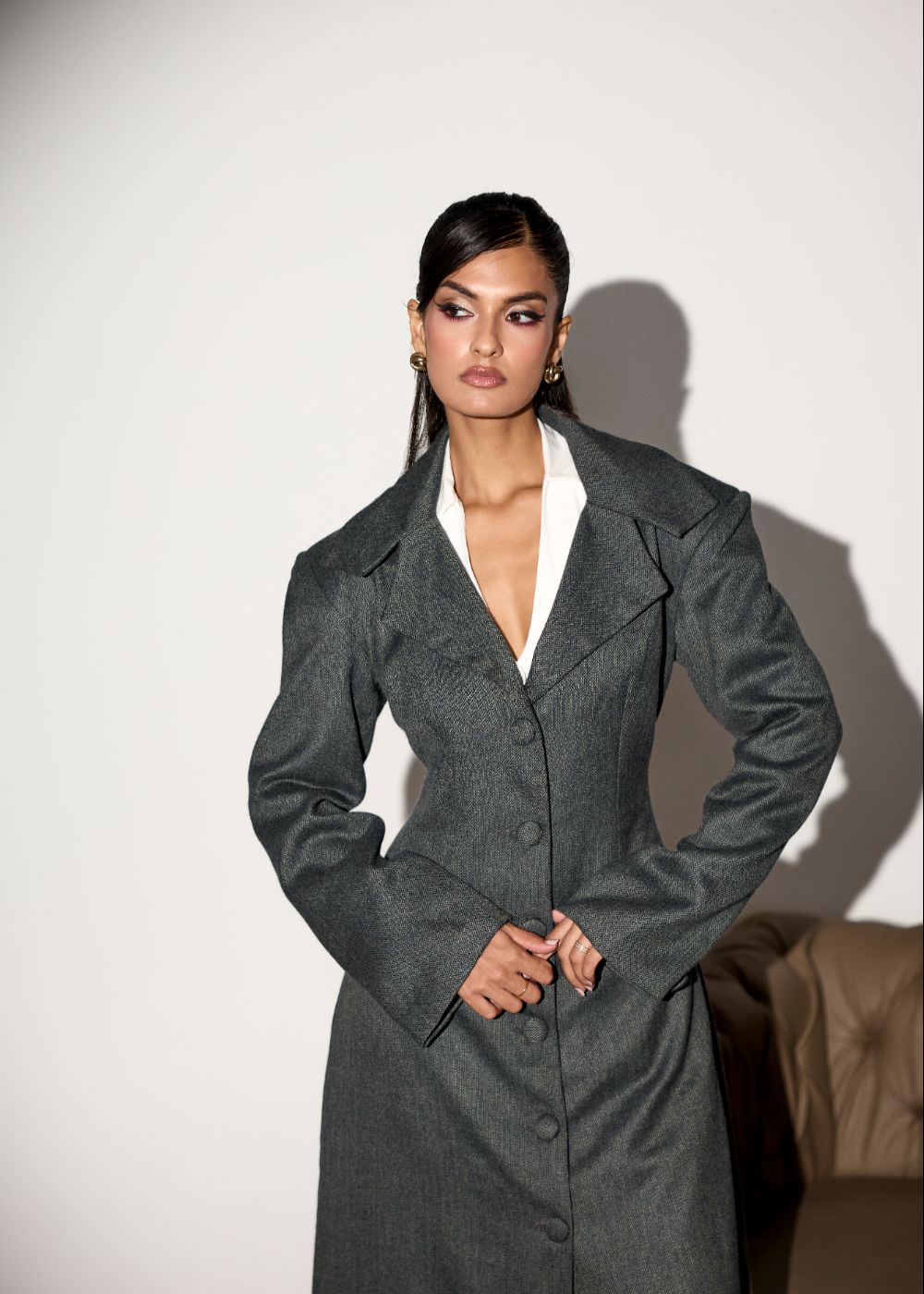 Marcella Grey Houndstooth Trench Coat