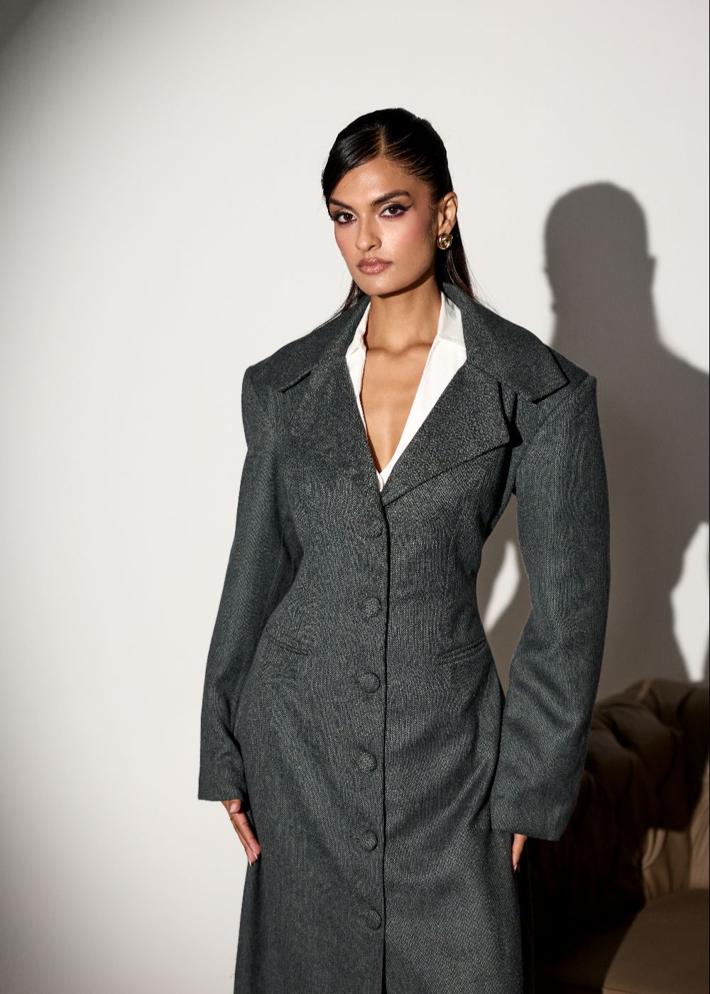 Marcella Grey Houndstooth Trench Coat