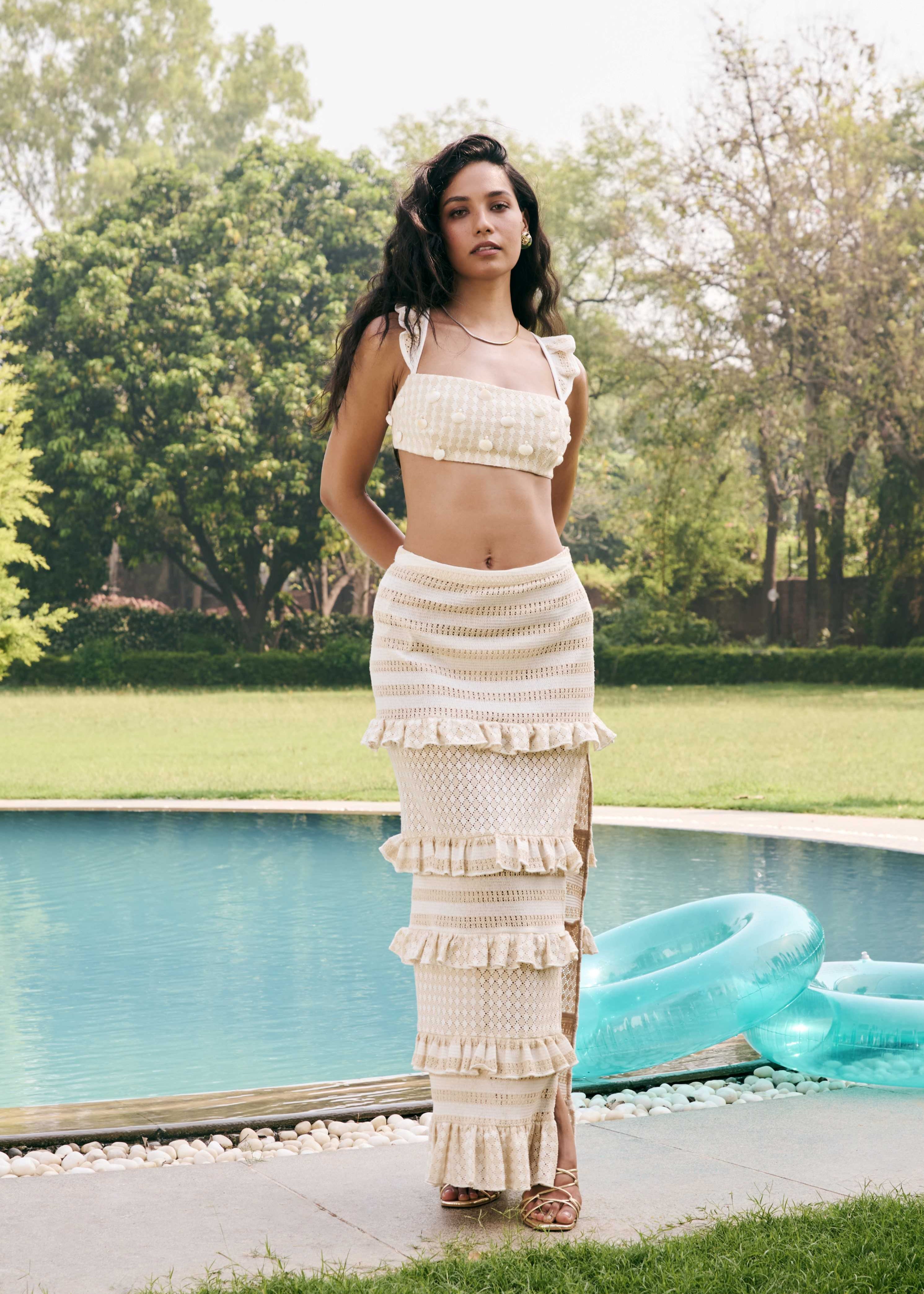 Irina Beige Crotchet Side-Slit Skirt