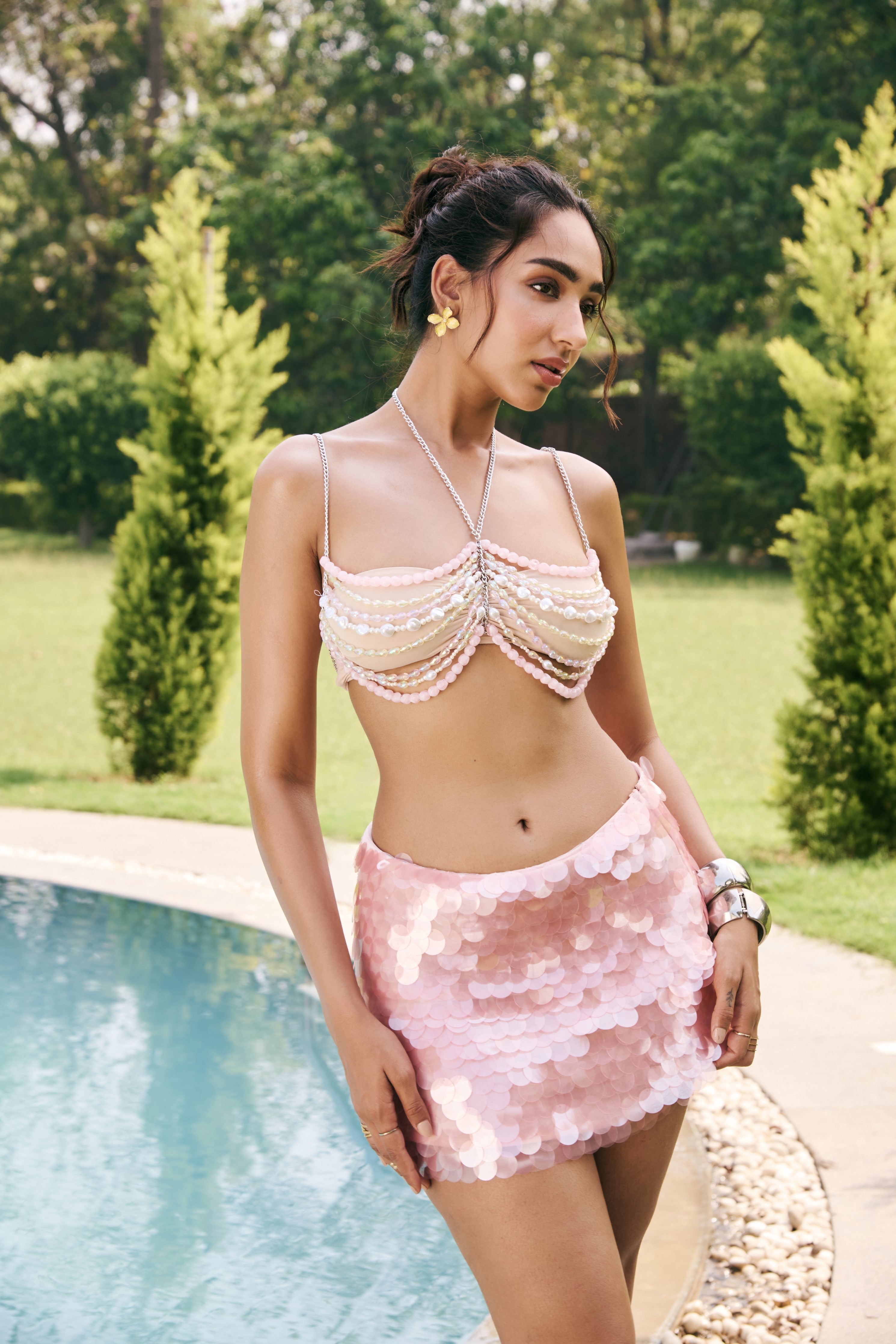 Cove Baby Pink Paillette Embellished Mini Skirt