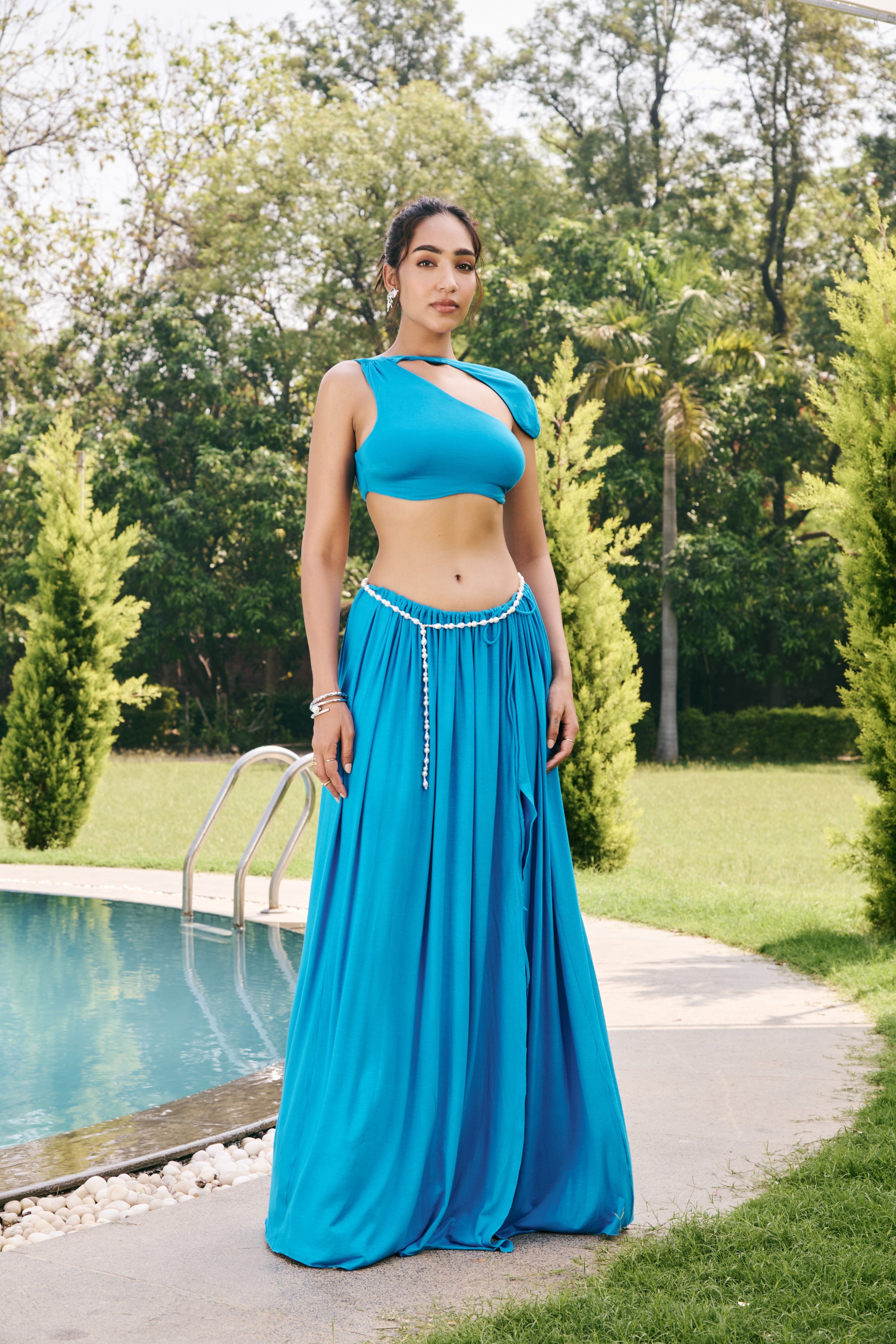 Petunia Olympic Blue Maxi Skirt with Pearl Chain